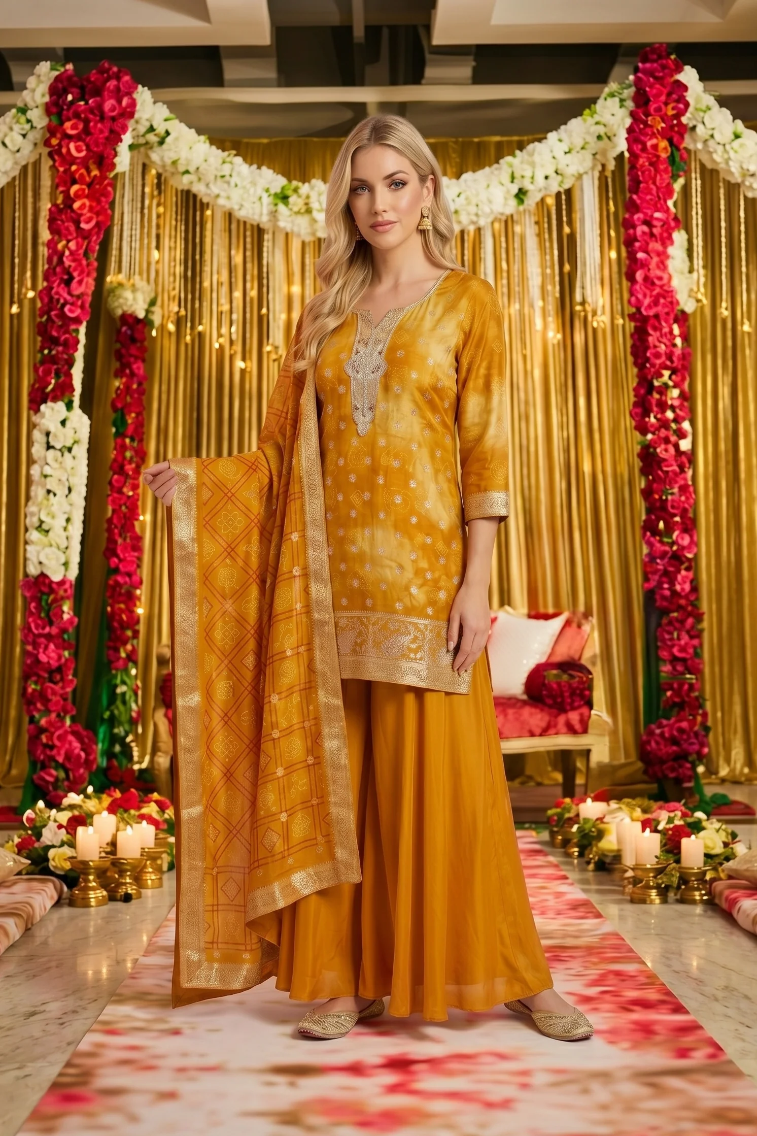 Golden Aura Embroidered Crepe Silk Palazzo Set