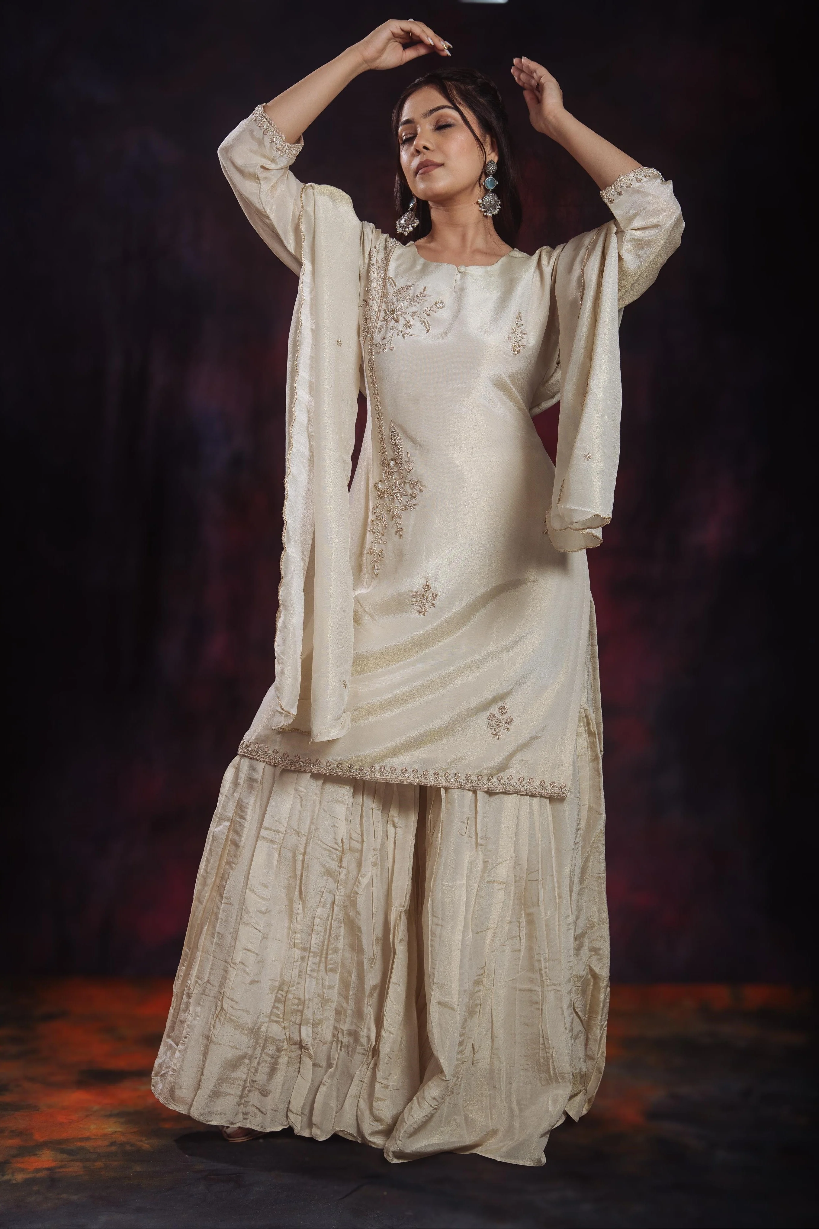 Golden Ivory Shimmer Silk Sharara Set
