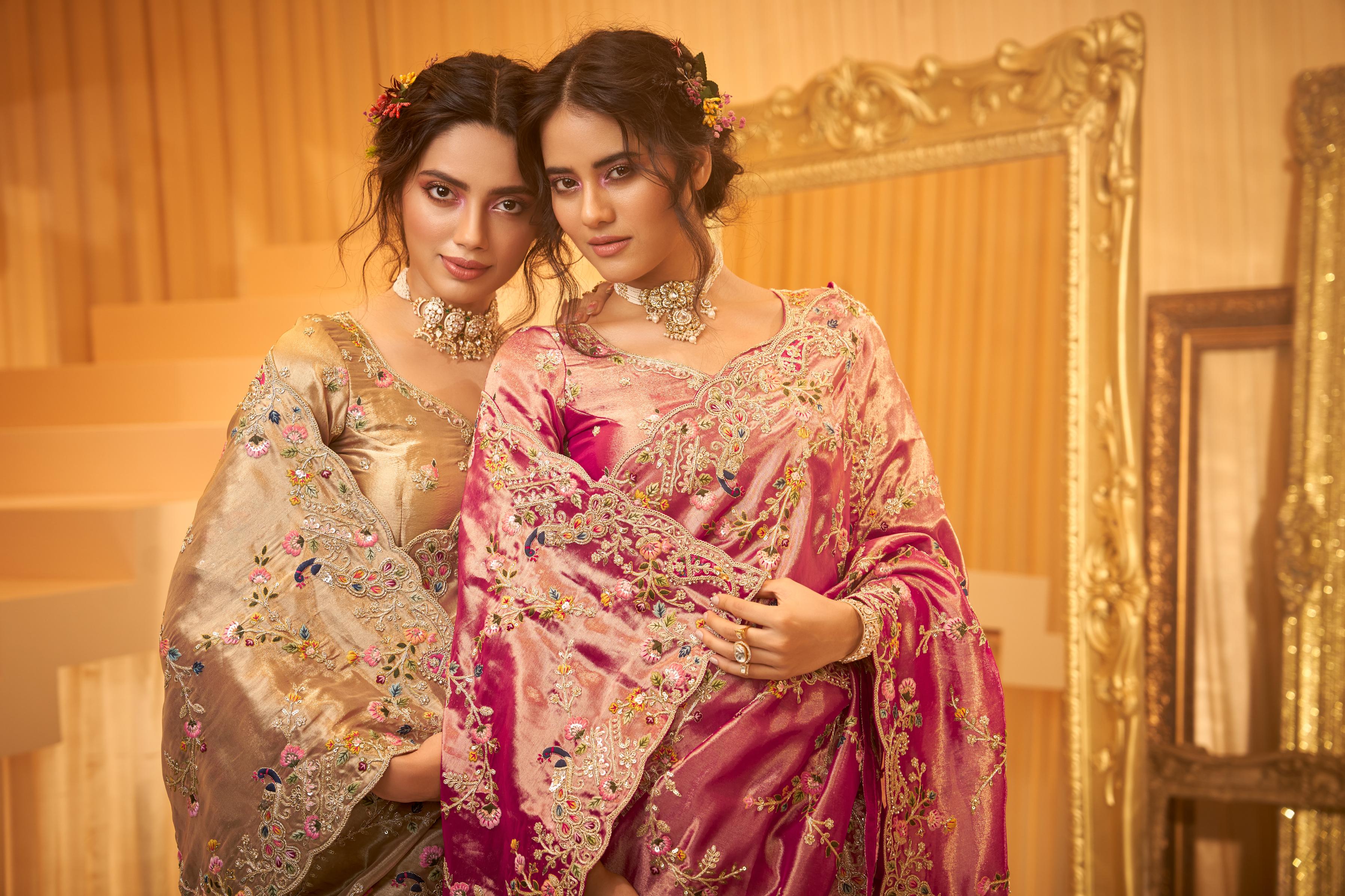 Champagne Gold Embellished Shimmer Tissue Silk Saree - Image 2