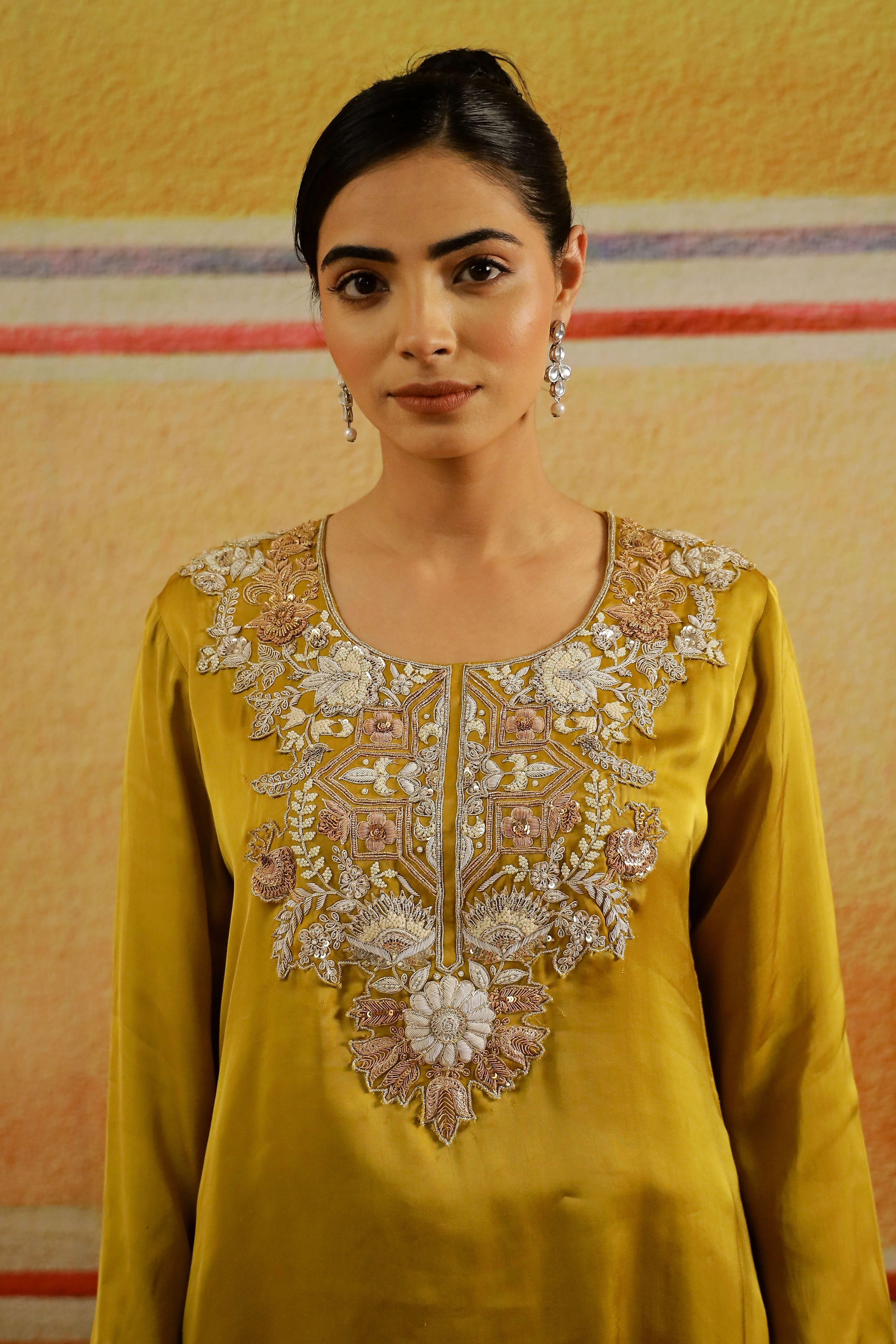Golden Yellow Embroidered Satin Silk Kurta Set - Image 2
