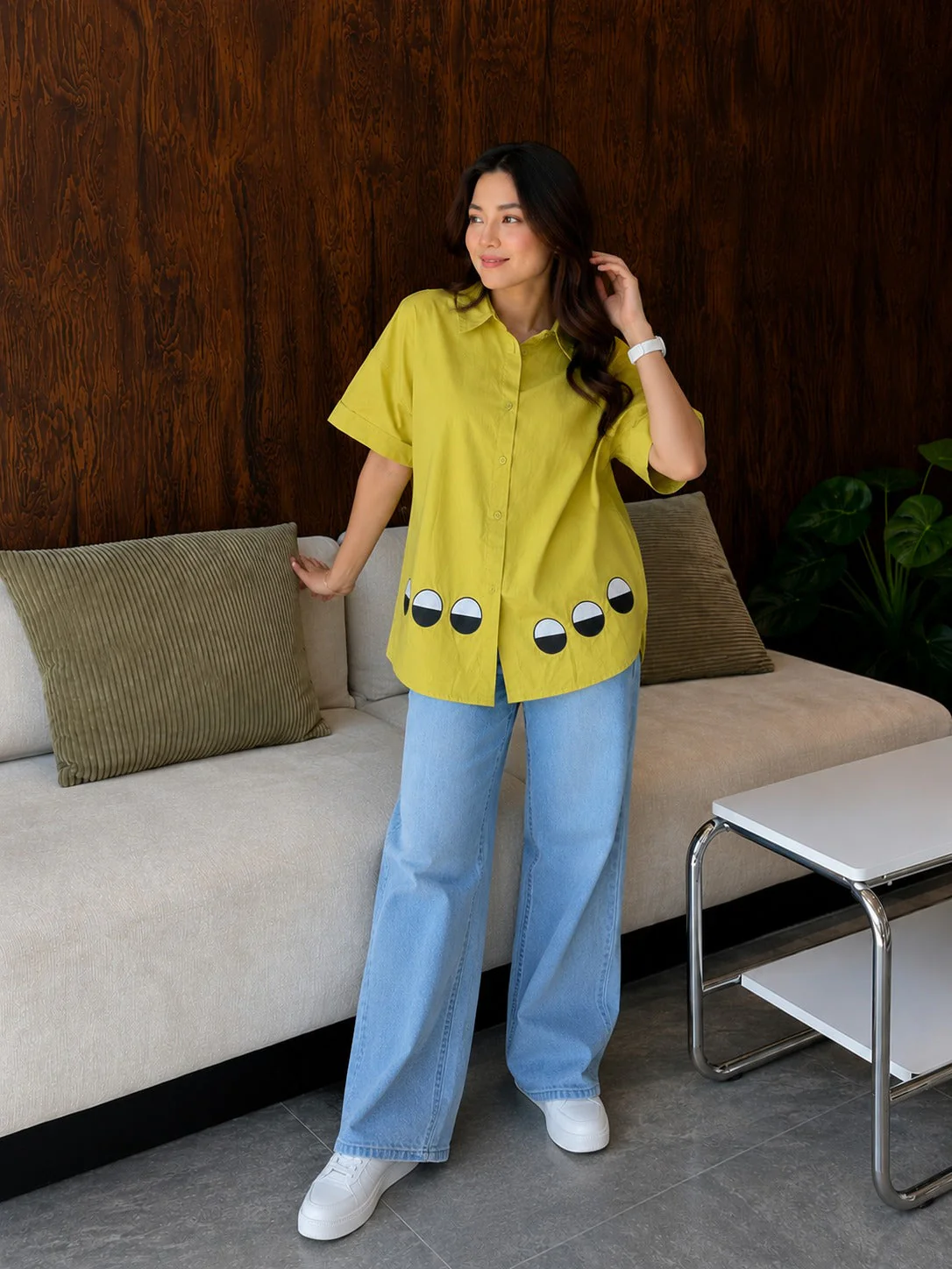 Chartreuse Green Graphic Applique Cotton Shirt