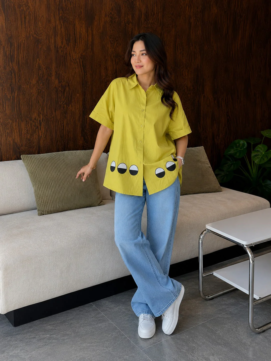 Chartreuse Green Graphic Applique Cotton Shirt - Image 2