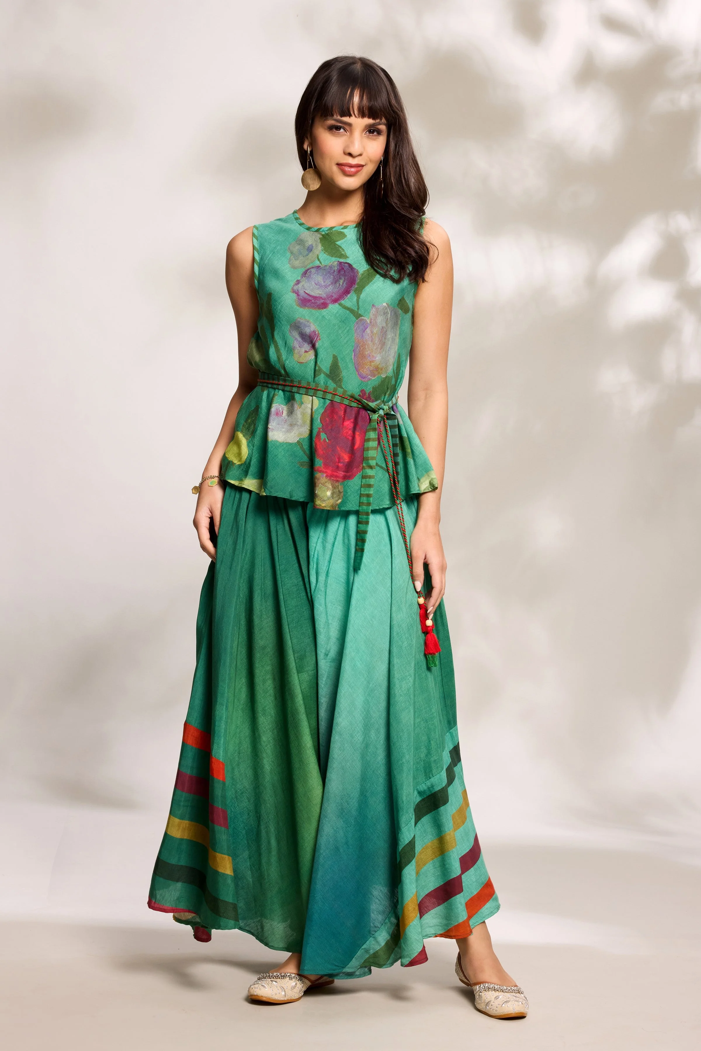 Green Bias Top & Flared Trousers Set