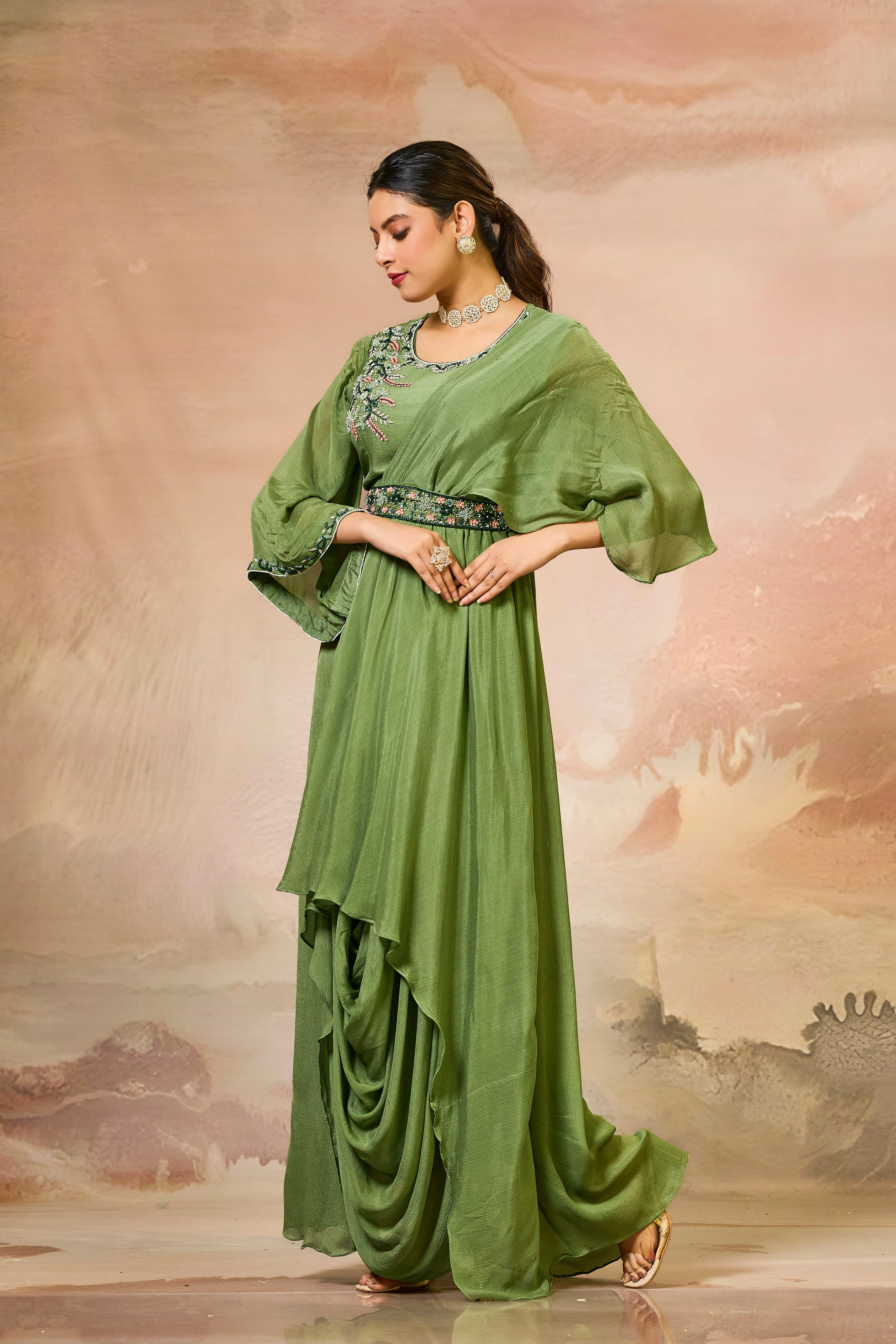 Green Embellished Chinon Silk Cowl Gown - Image 2