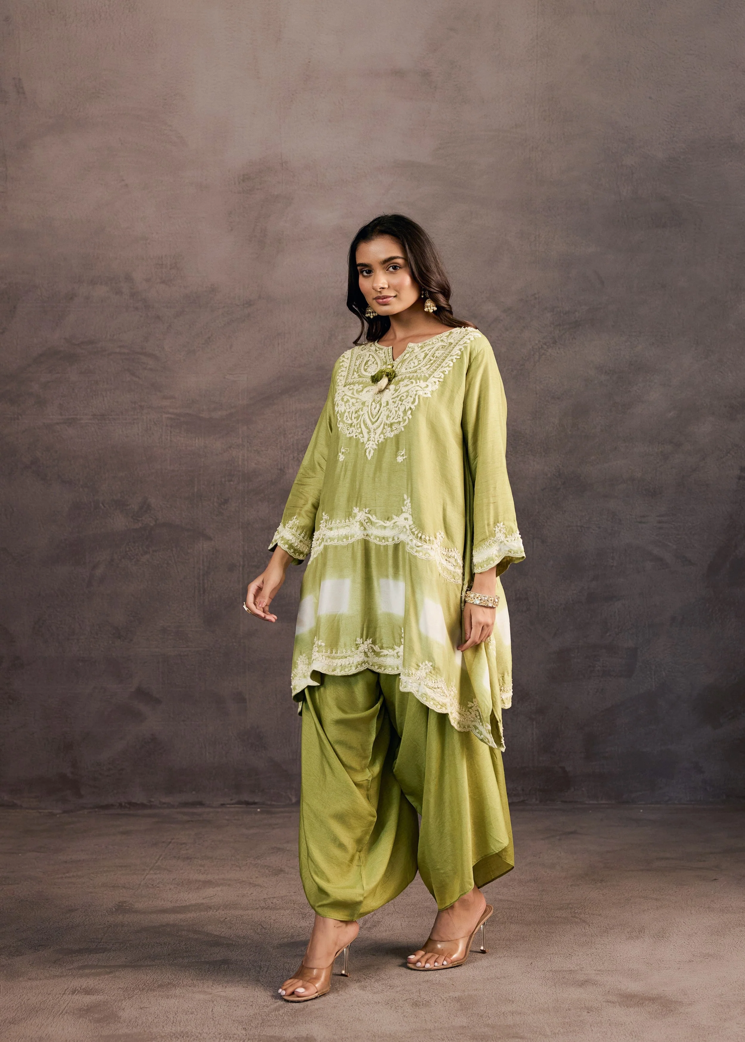 Sage Green Embroidered Raw Silk Palazzo Set