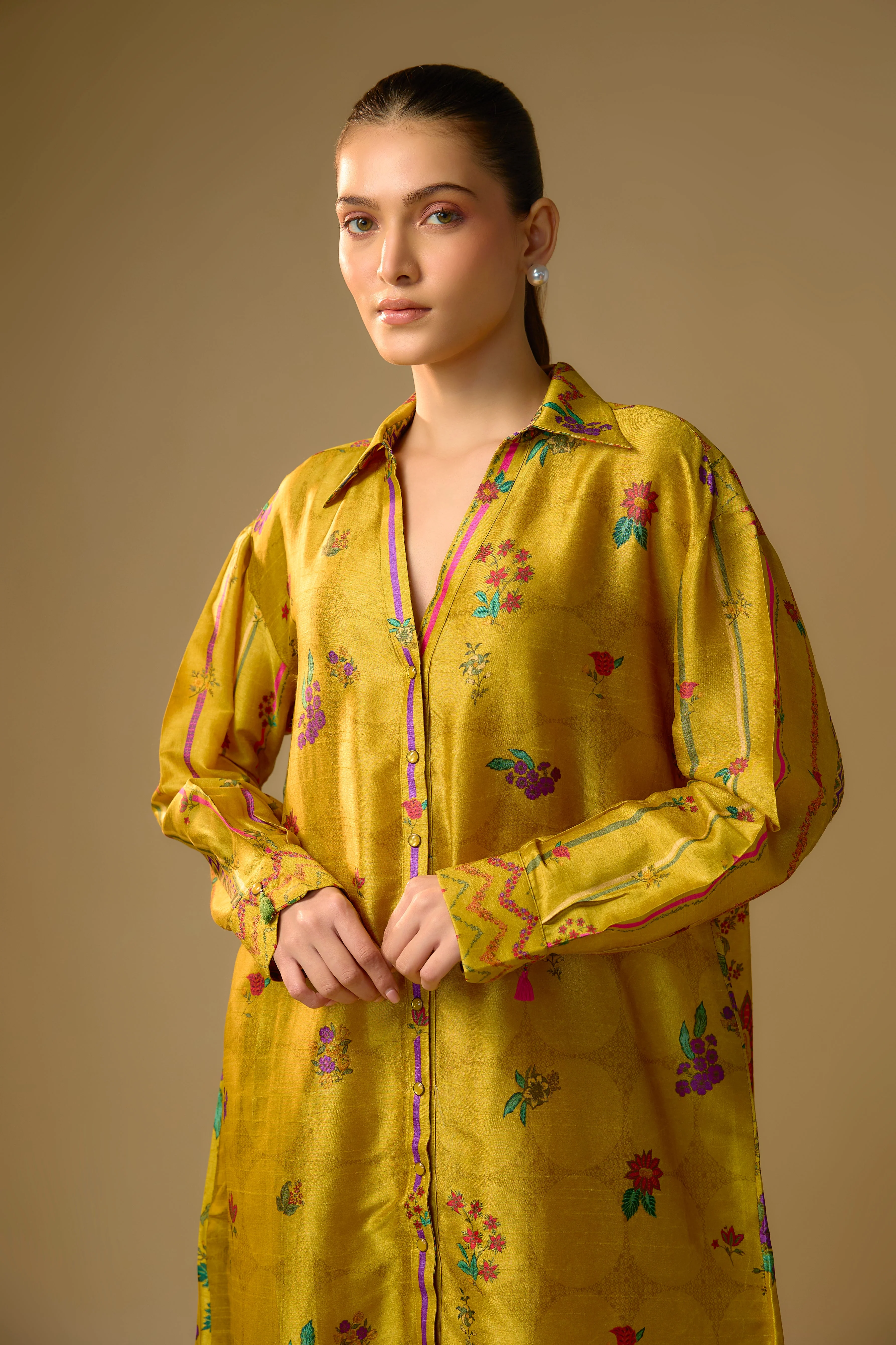 Mustard Yellow Printed Slub Cotton Silk Tunic Top - Image 2