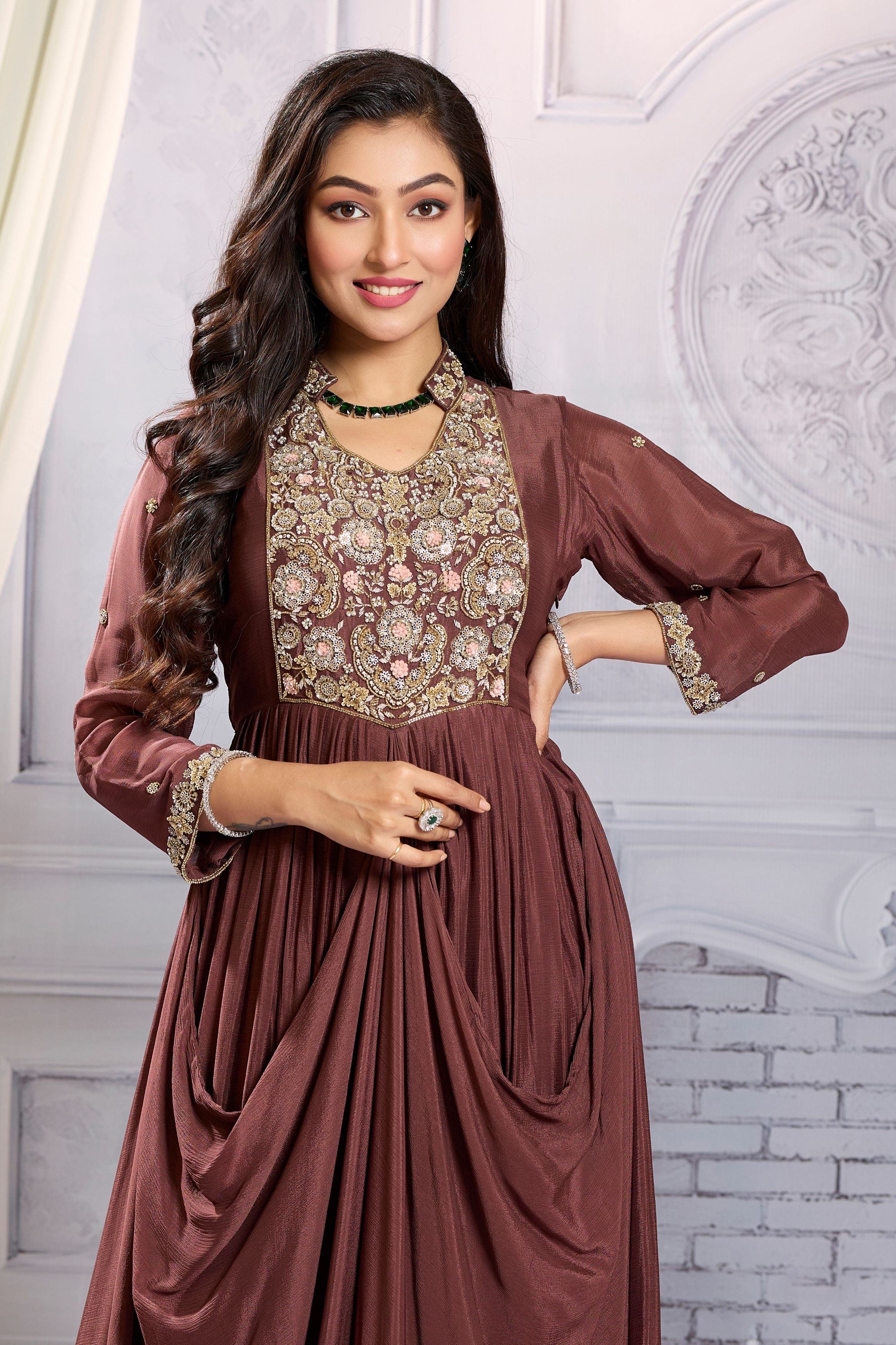 Brown Embellished Chinon Silk Draped Gown - Image 2