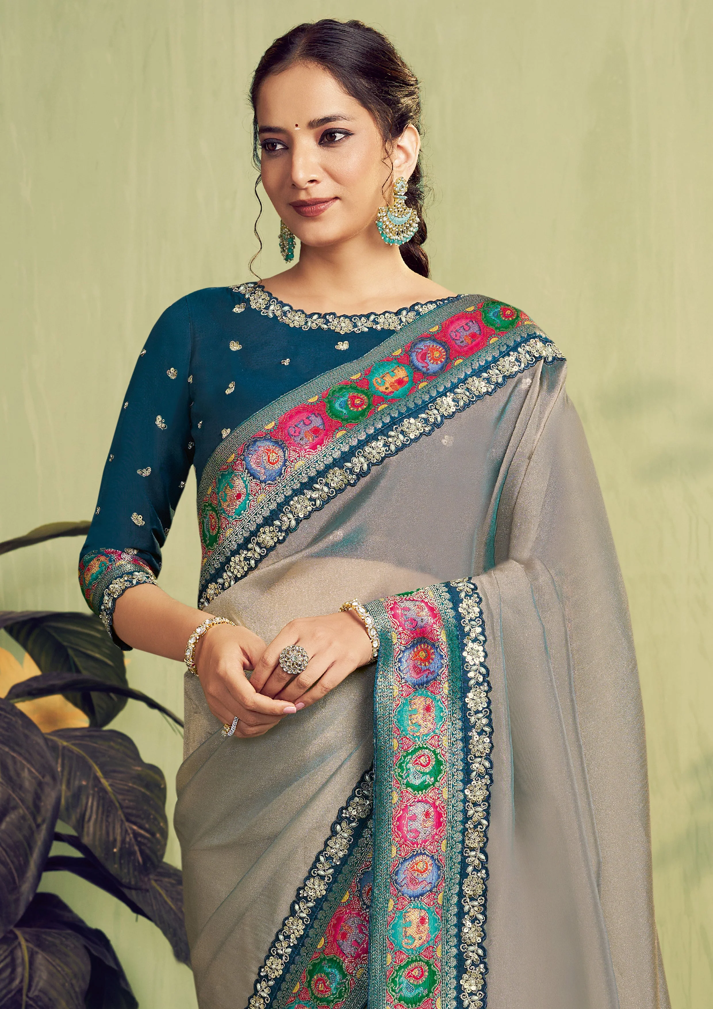 Pale Grey Embellished Tissue Silk Saree - Image 2