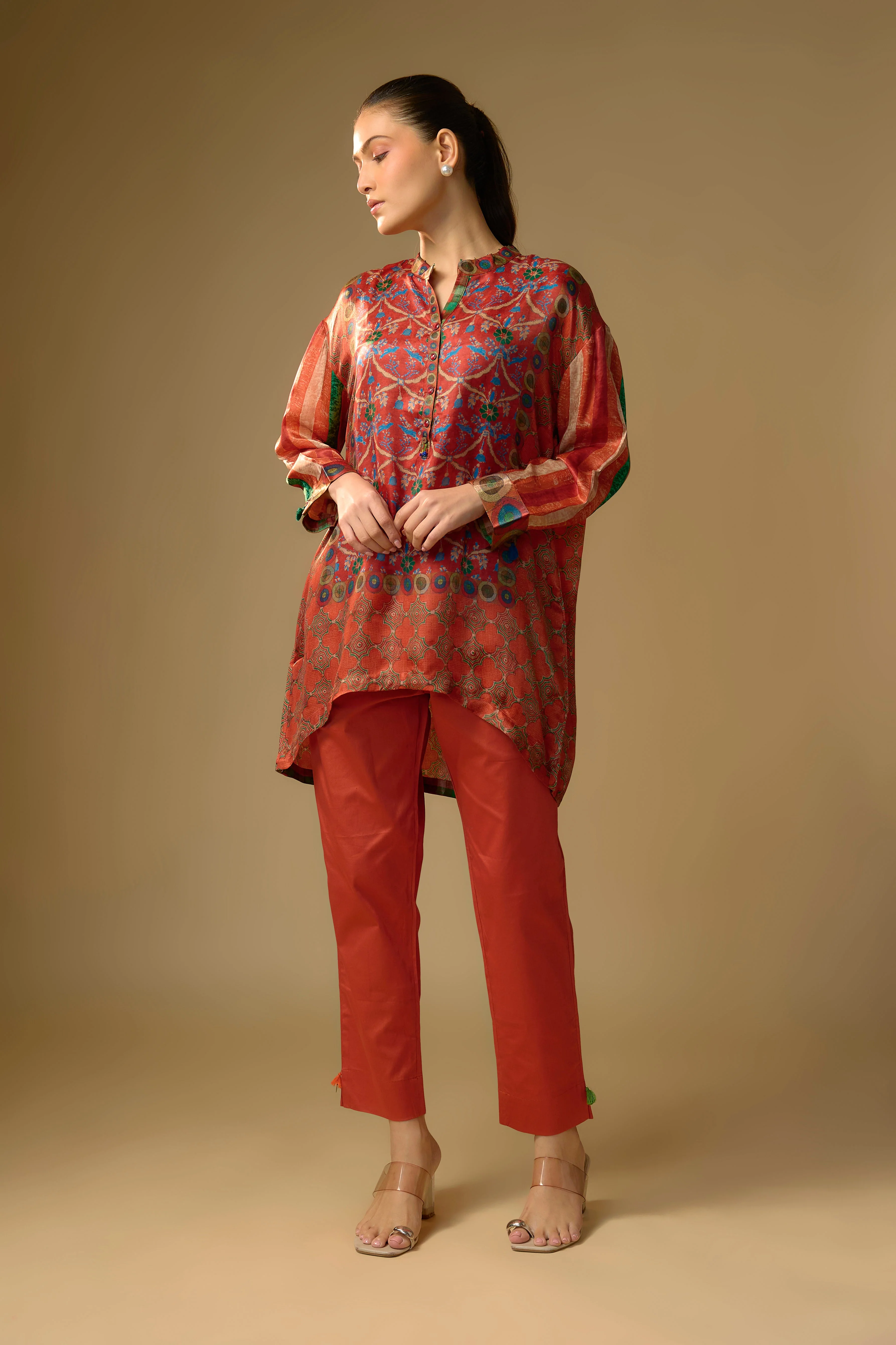 Orange Printed Slub Cotton Silk Tunic Top
