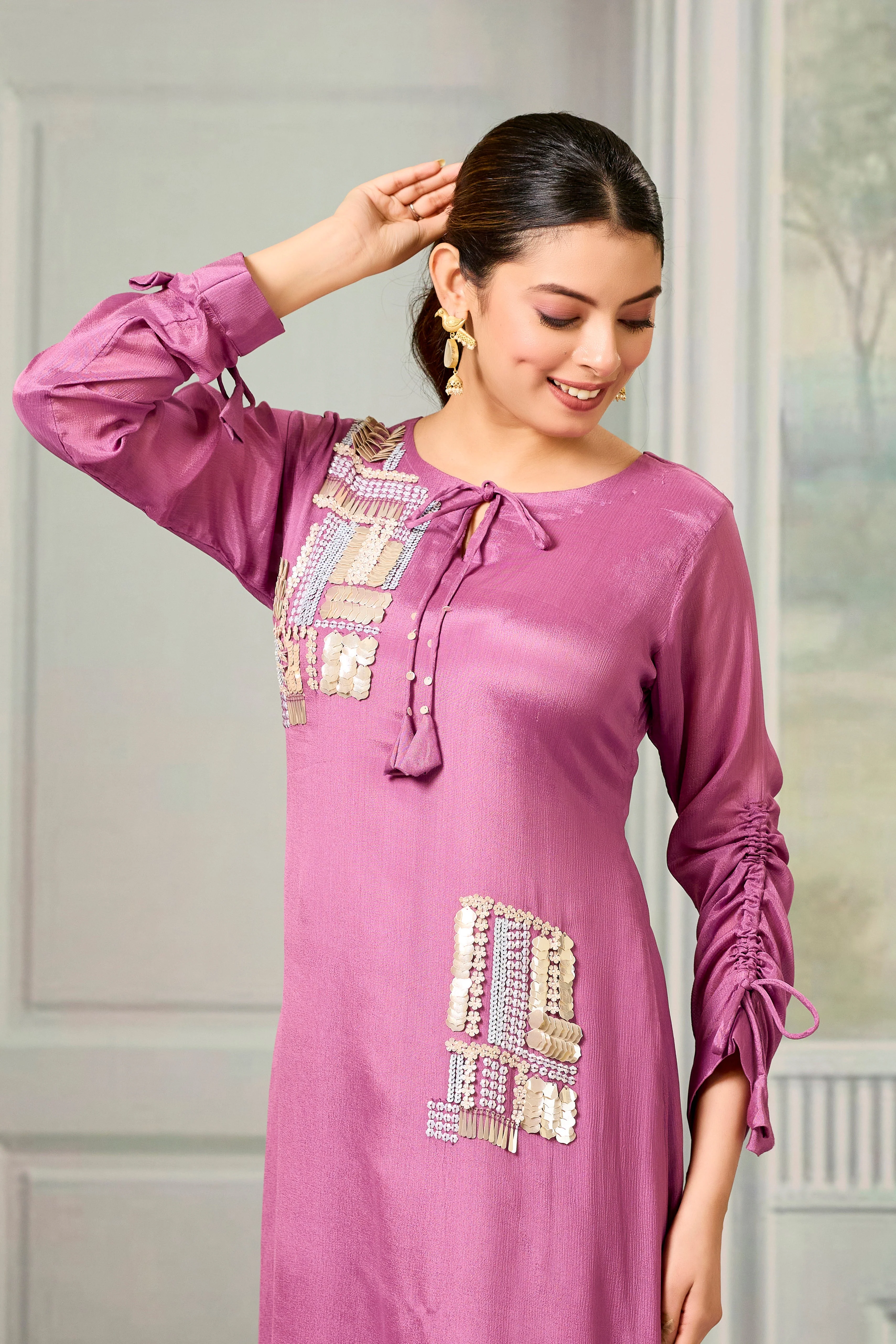Pink Handwork Chinon Silk Dress - Image 2