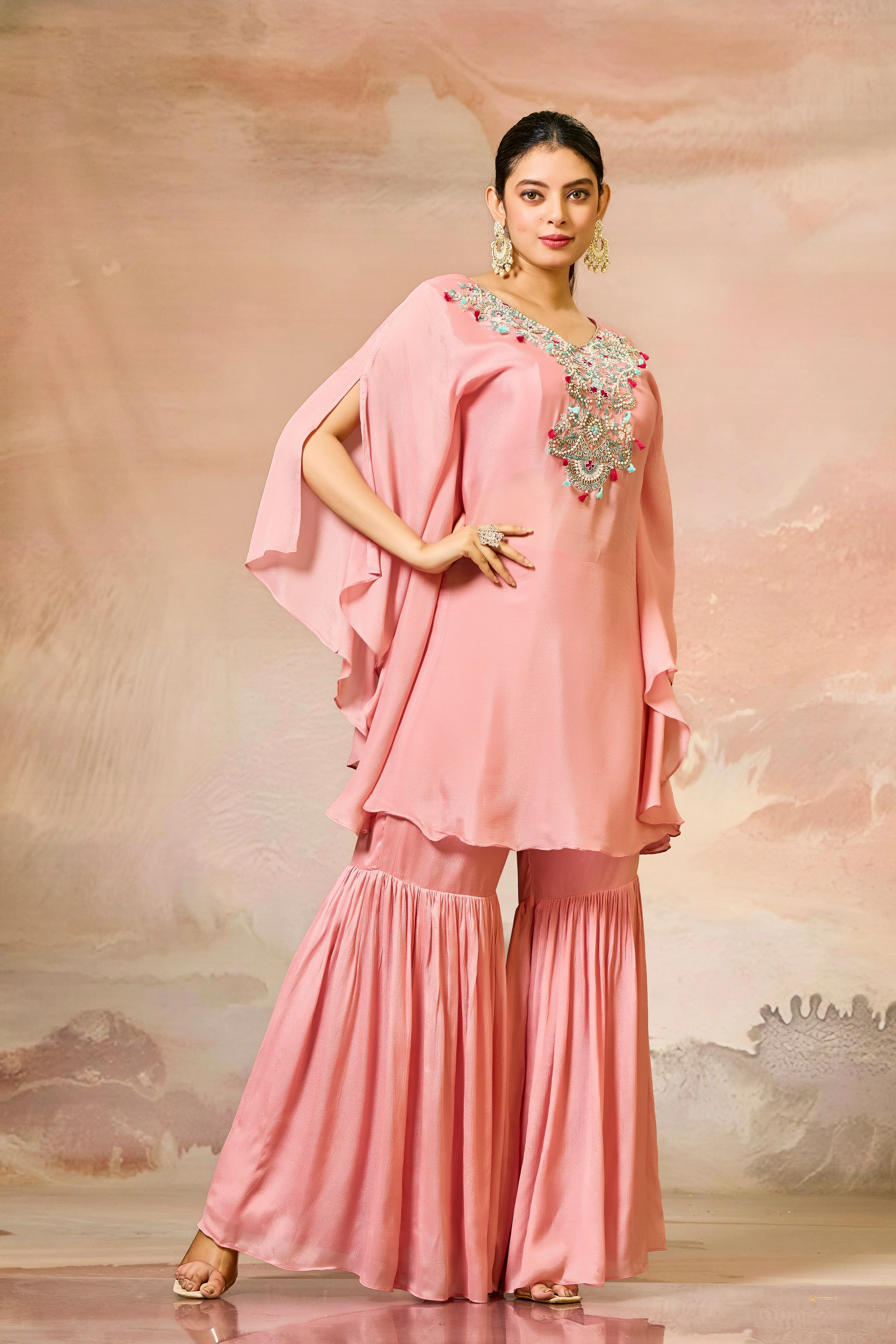 Peach Handwork Chinon Silk Sharara Set