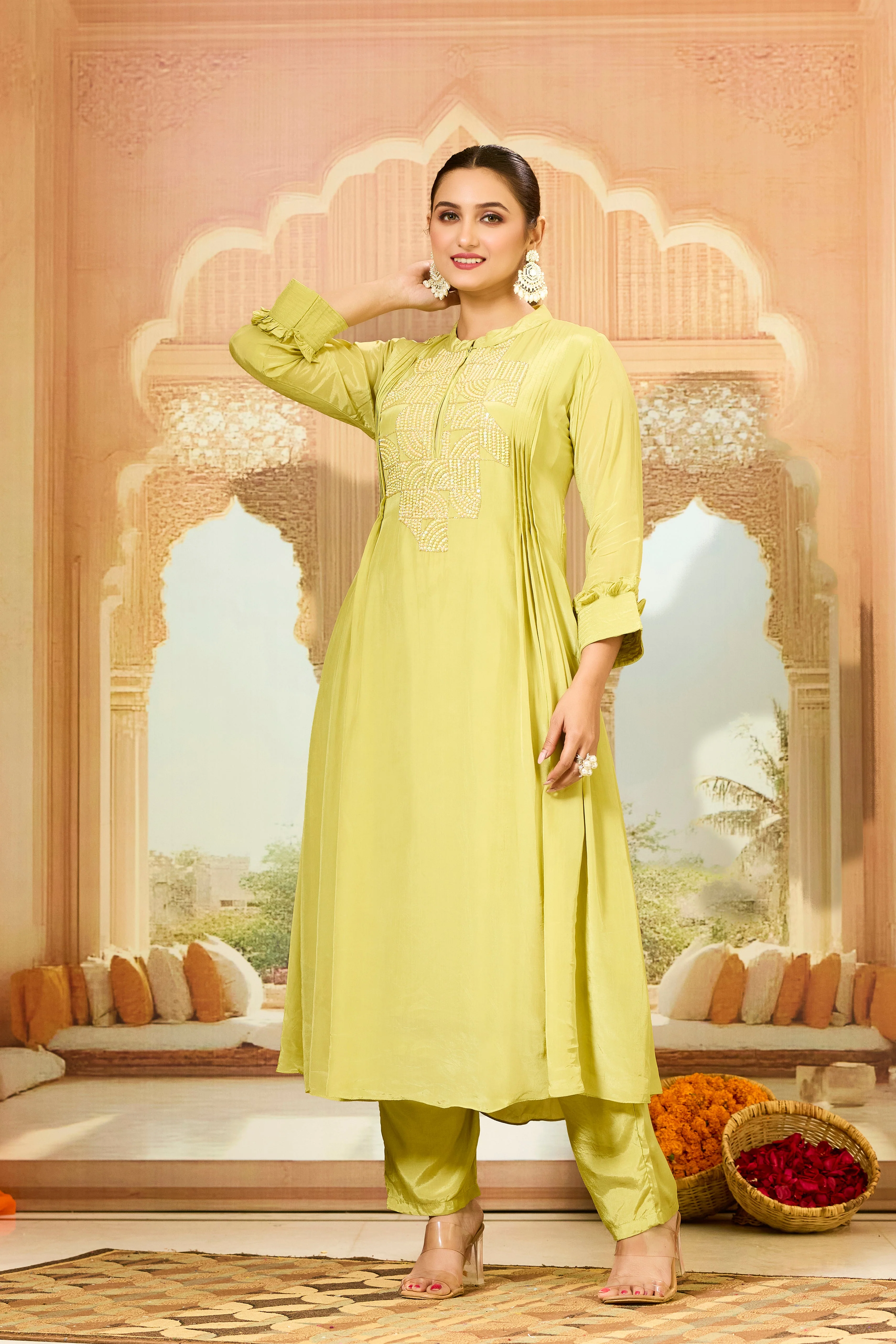 Pear Green Handwork Crepe Silk Kurta & Pant Set - Image 2
