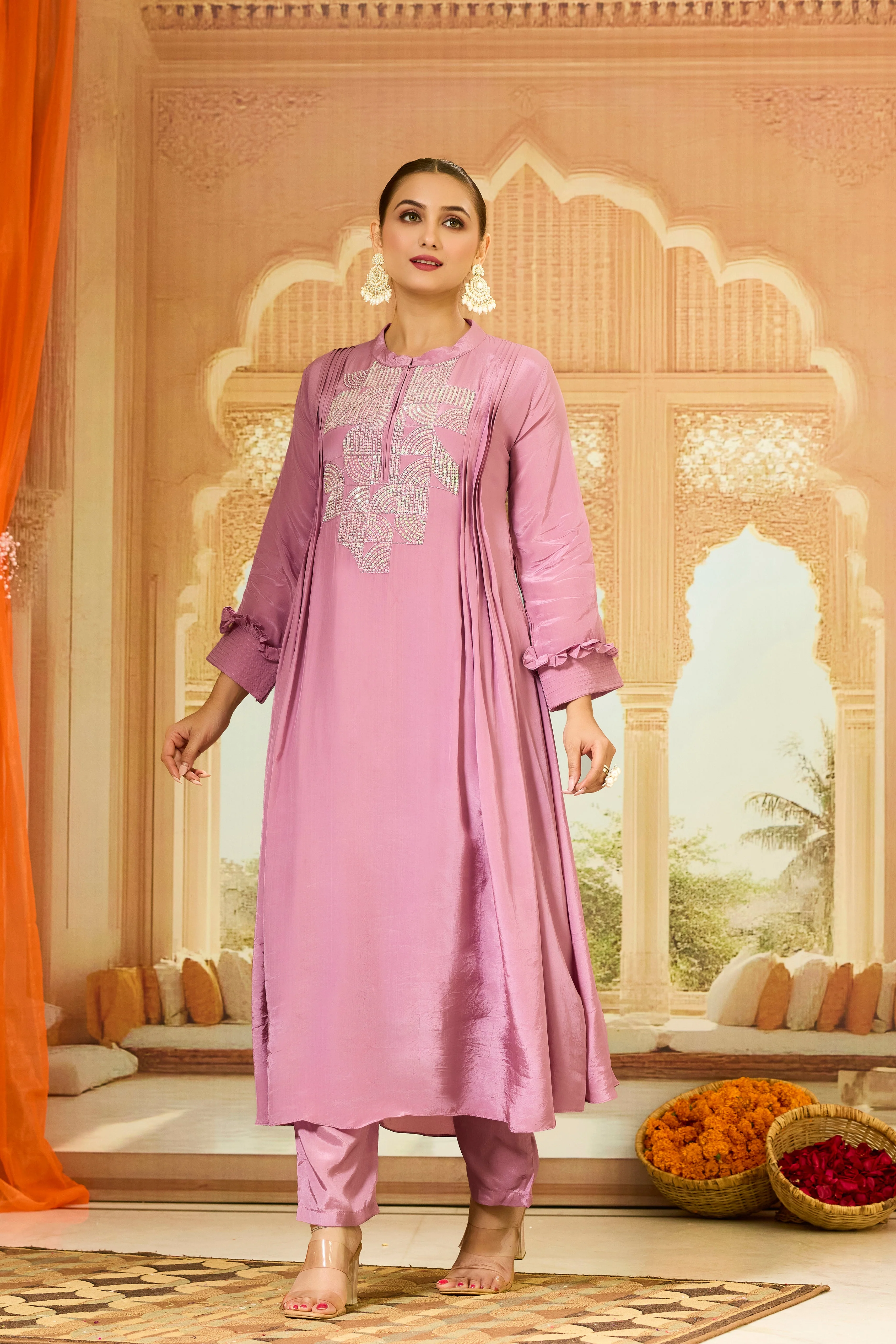 Pink Handwork Crepe Silk Kurta & Pant Set