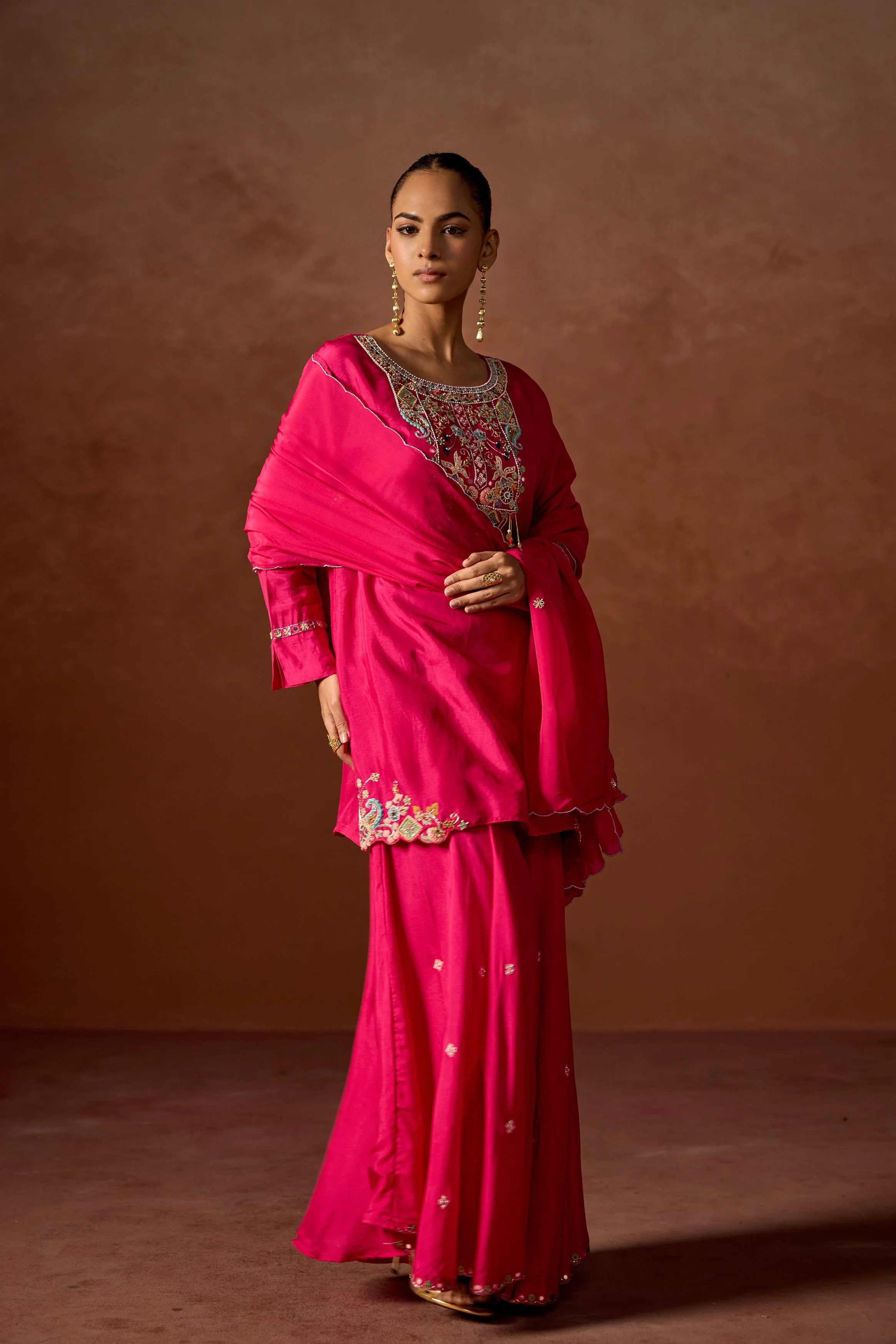 Hot Pink Embellished  Chinon Silk Sharara Set - Image 6