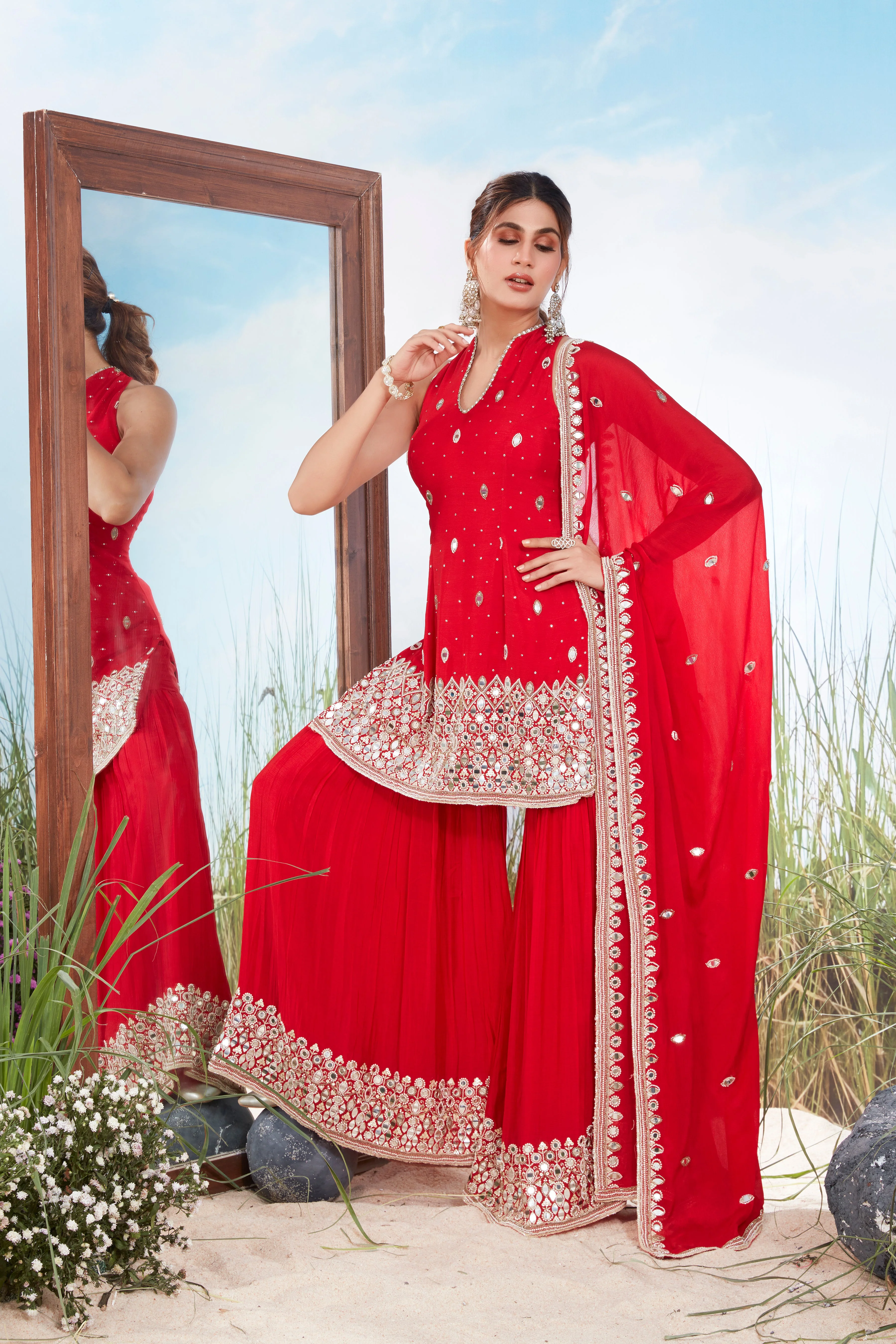 Rich Red  Embellished Georgette Silk Palazzo Set