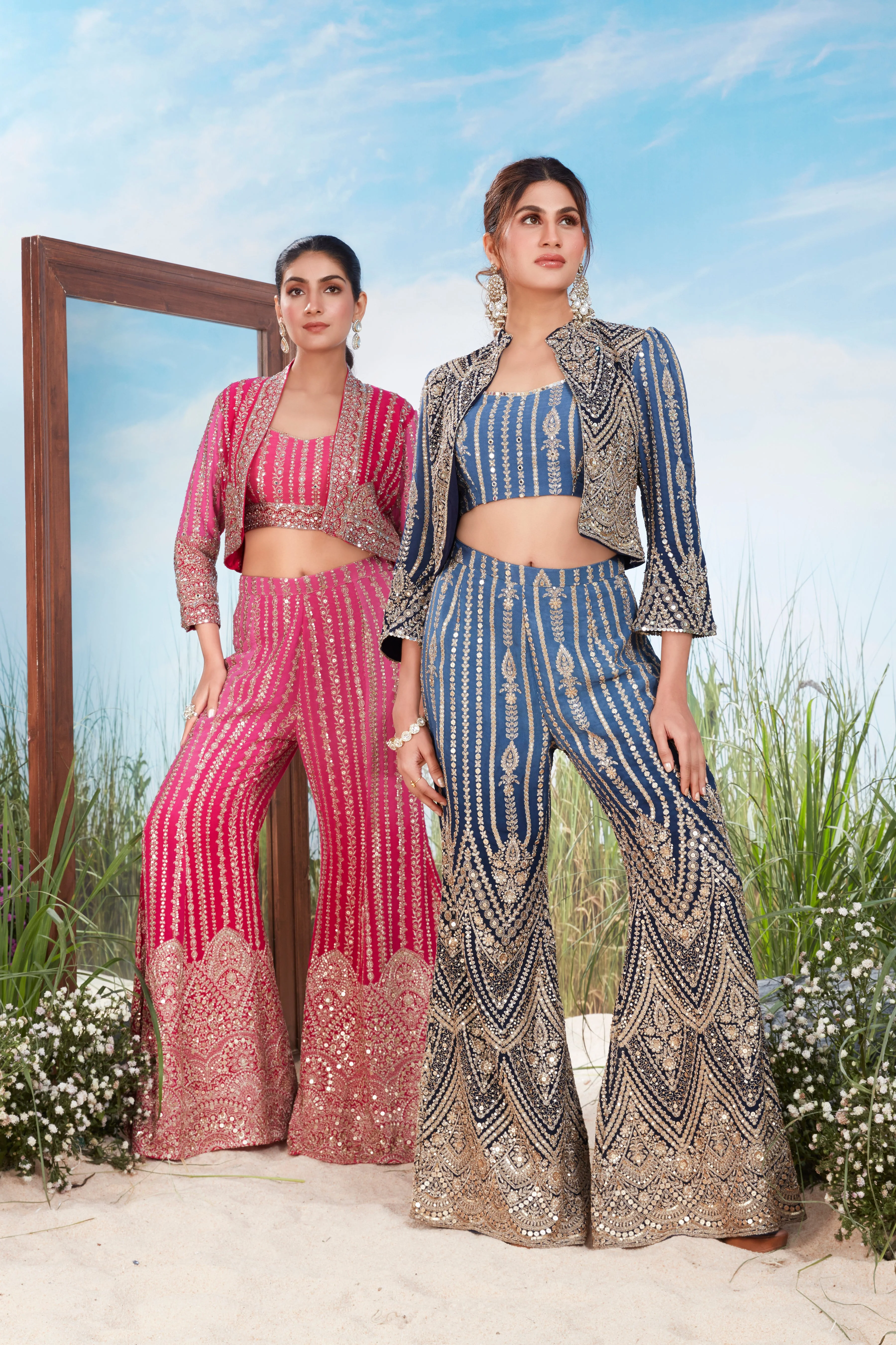Rich Blue Embellished Georgette Silk Jacket Set - Image 2
