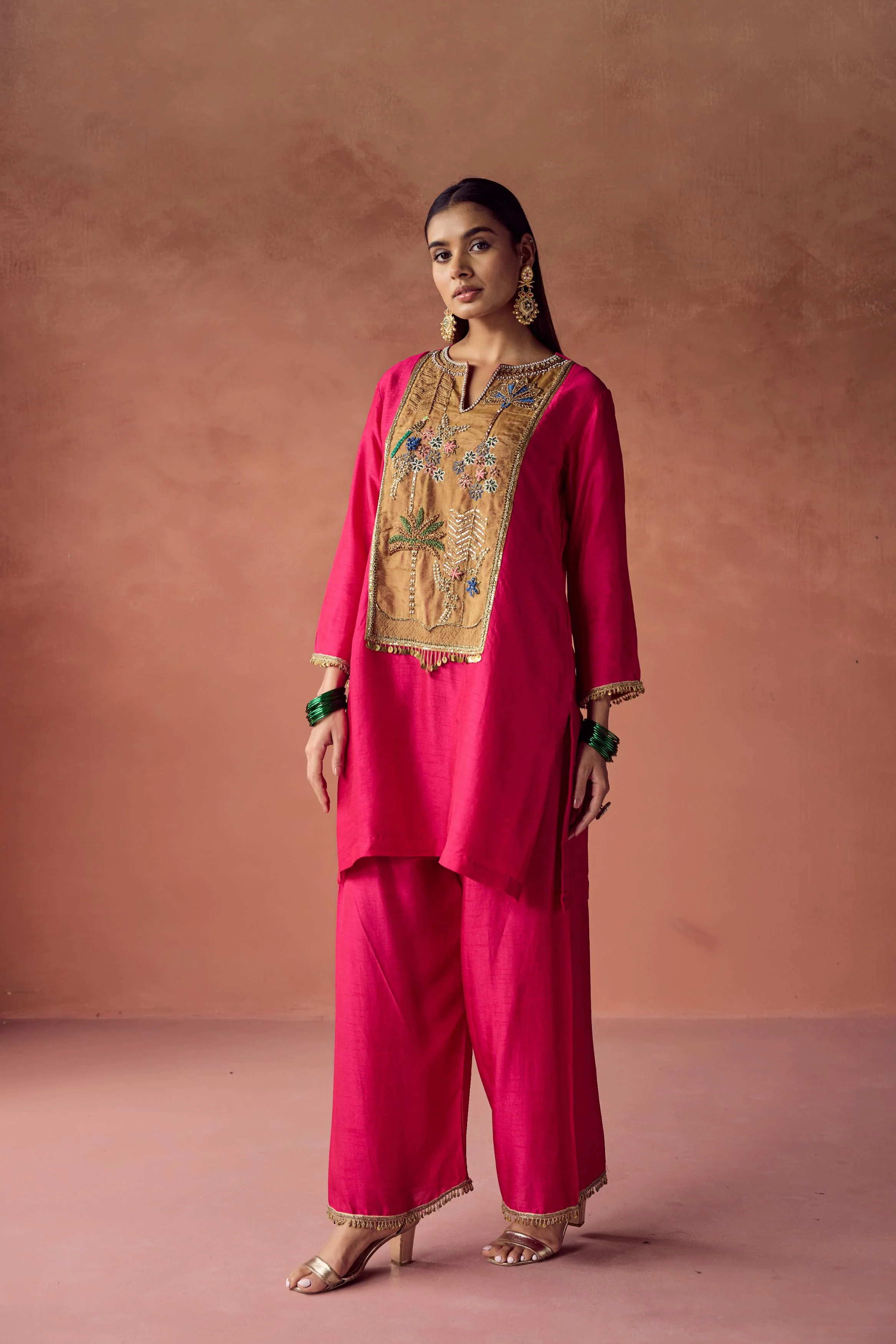 Hot Pink Embellished Raw Silk Palazzo Set - Image 6