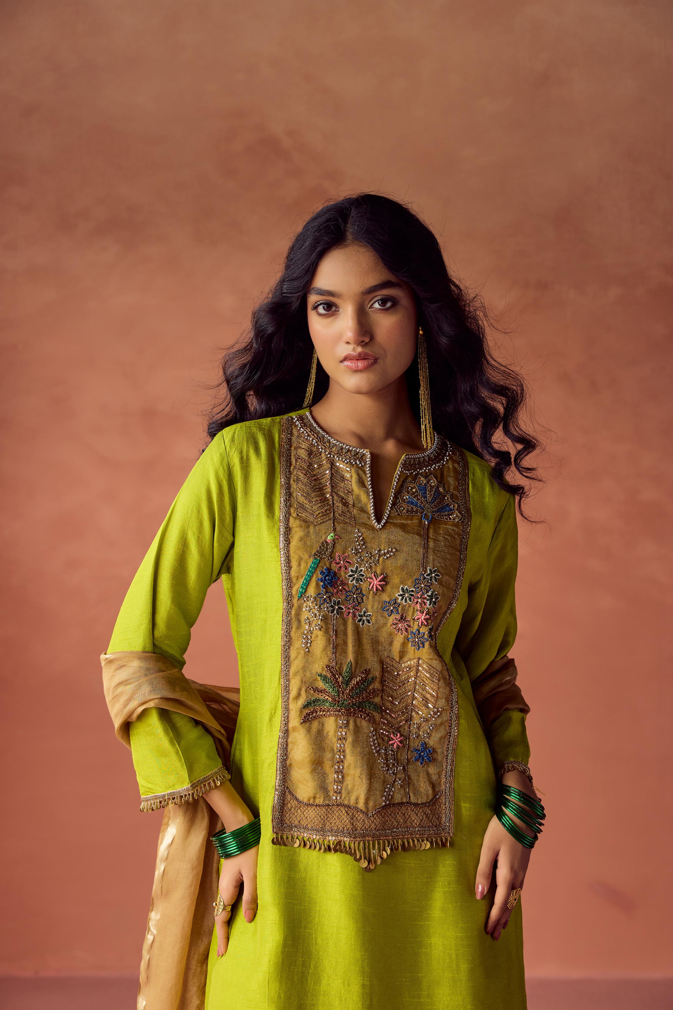 Bright Green Embellished Raw Silk Palazzo Set - Image 2