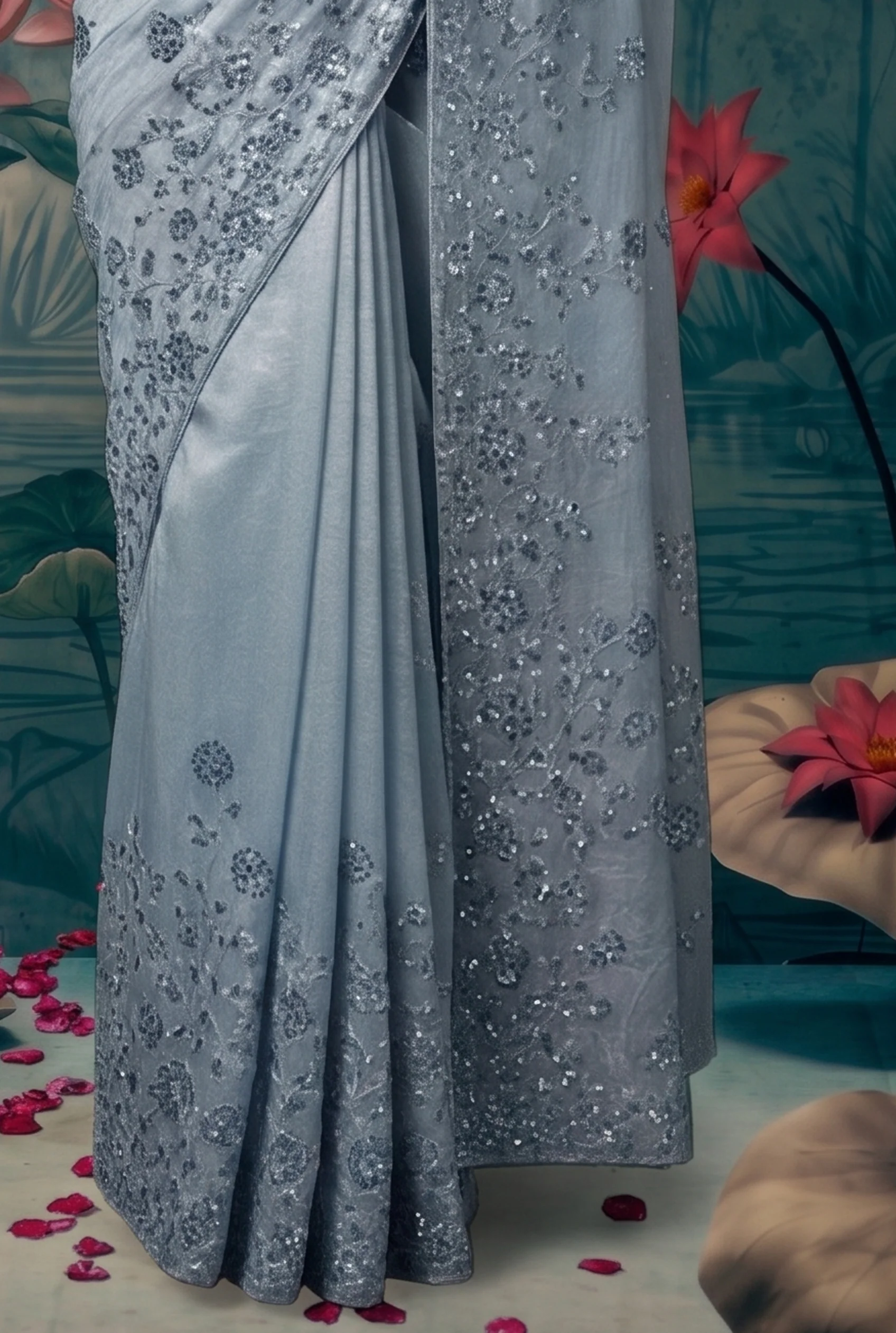 Icy Blue Embellished Organza Tissue Silk Saree - Image 4