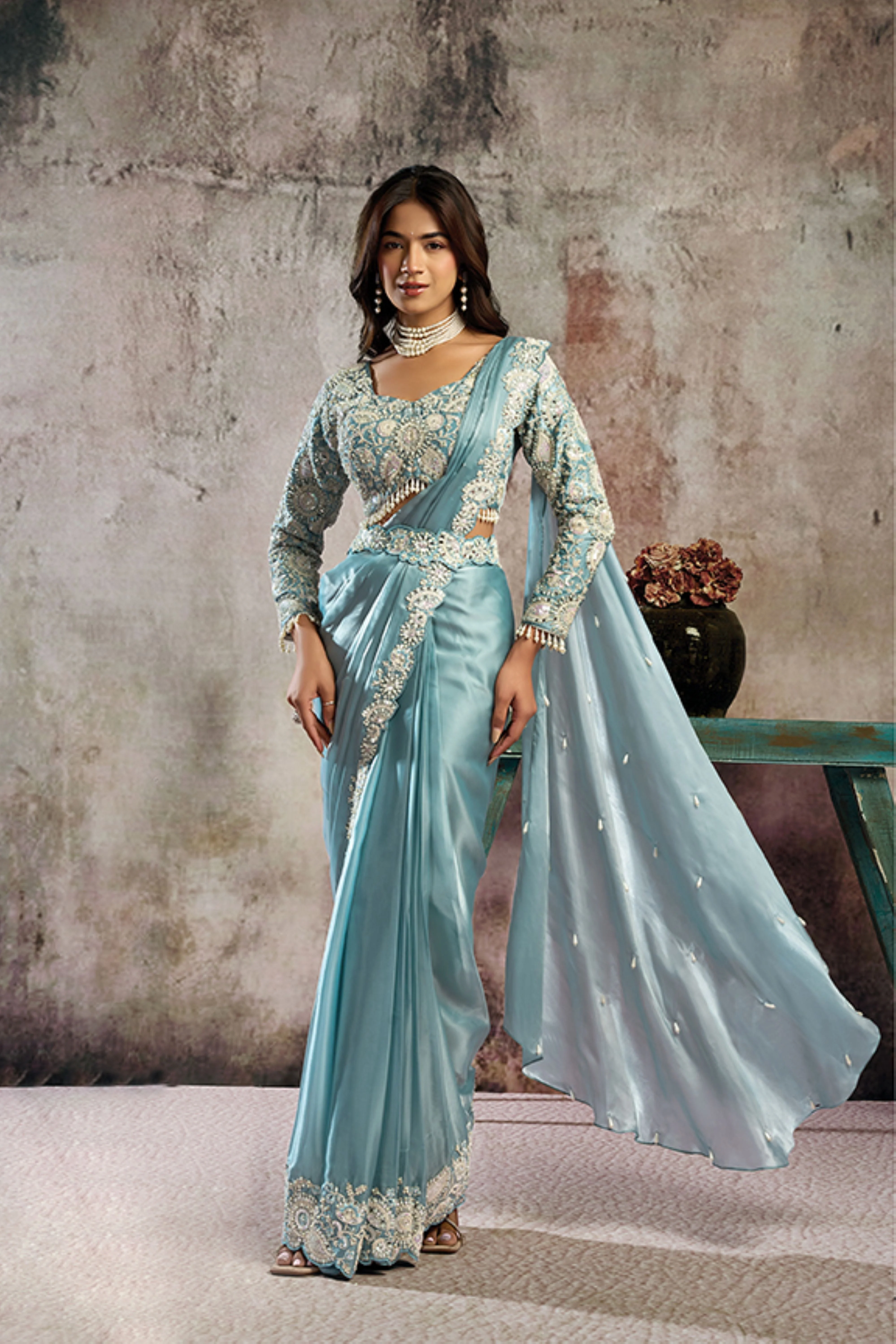 Icy Blue Embellished Satin Silk Draped Saree