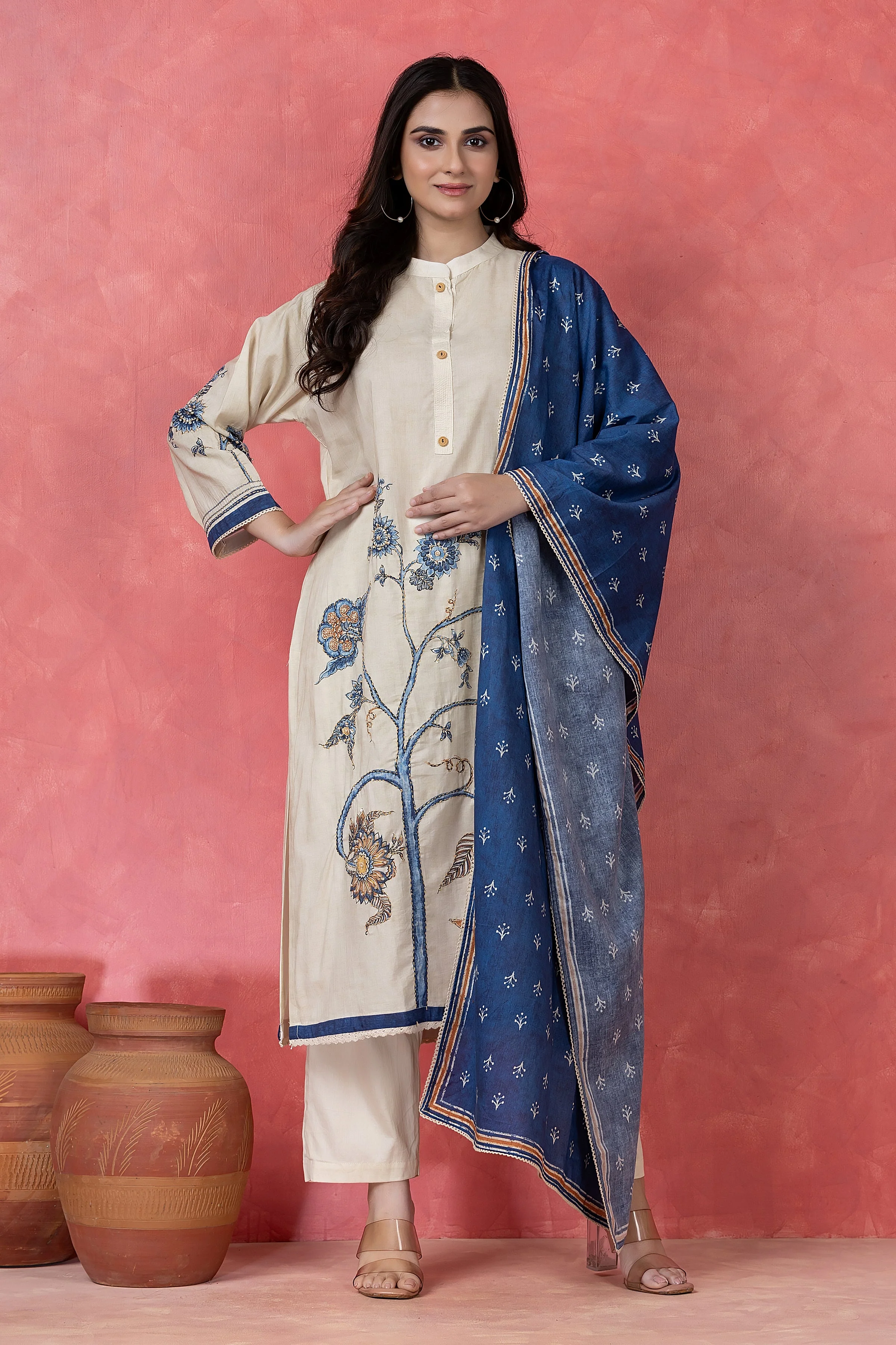 Indigo Floral Embroidered Cotton Pant Set