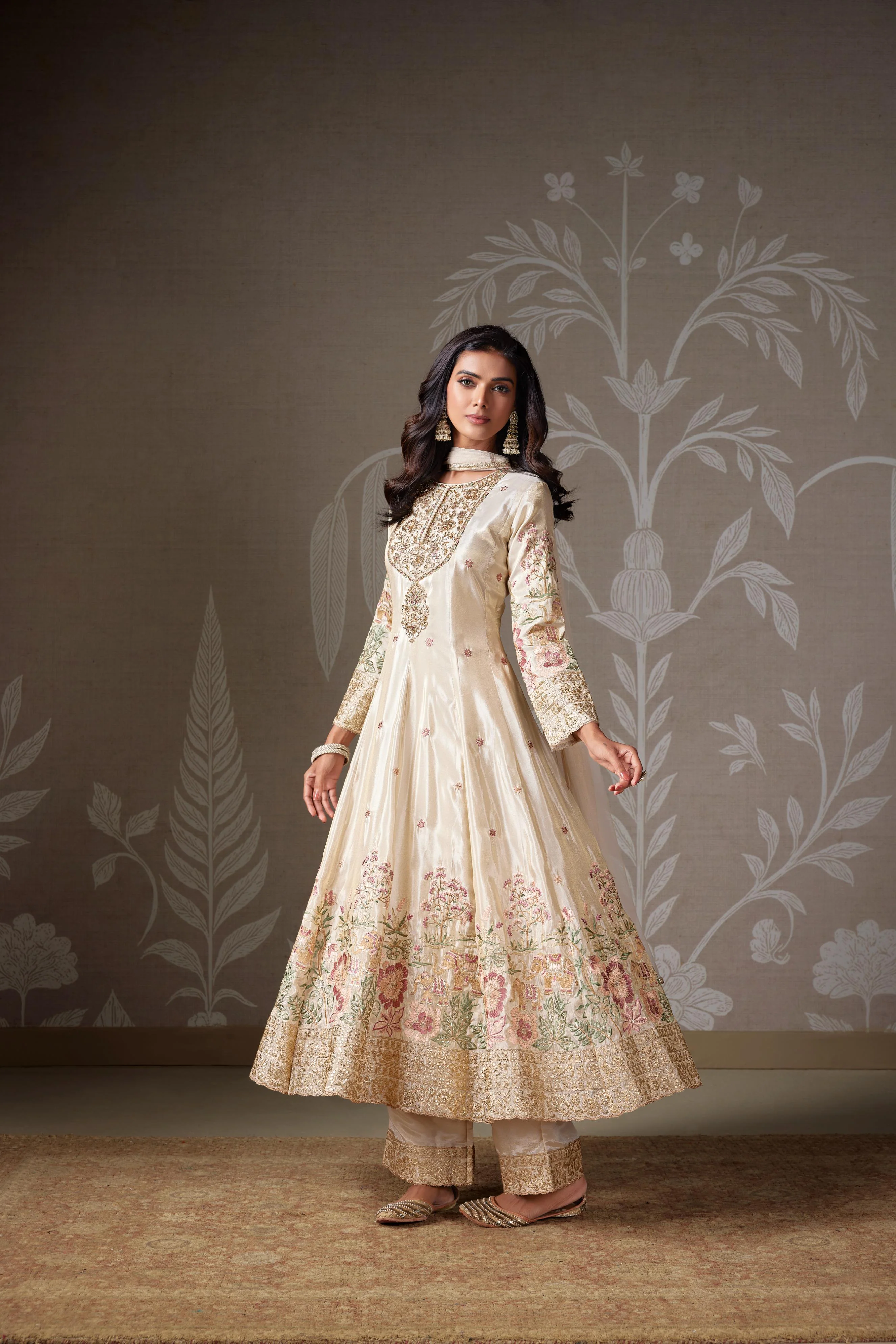 Ivory Embellished Chinon Silk Anarkali Set