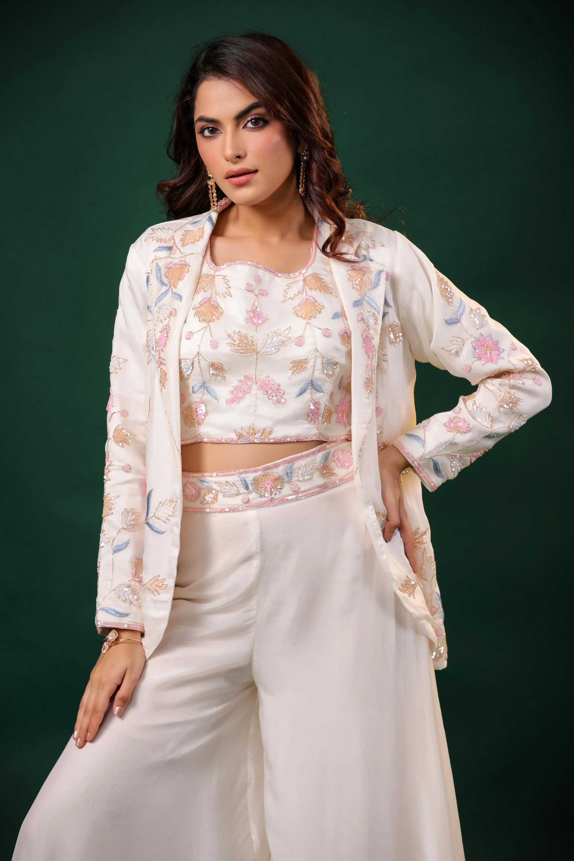 Ivory Embellished Premium Silk Jacket-Palazzo Set - Image 2