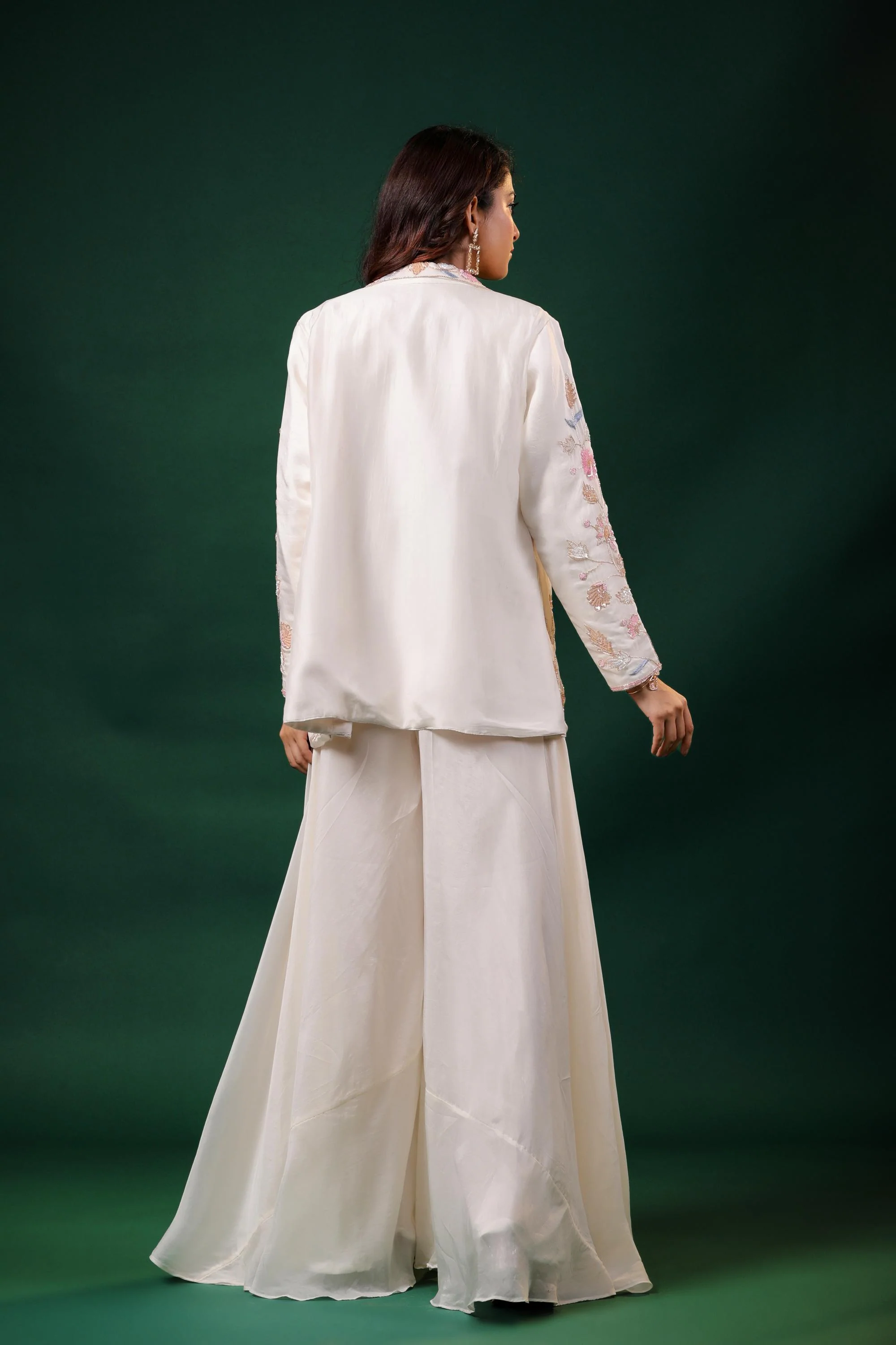 Ivory Embellished Premium Silk Jacket-Palazzo Set - Image 5