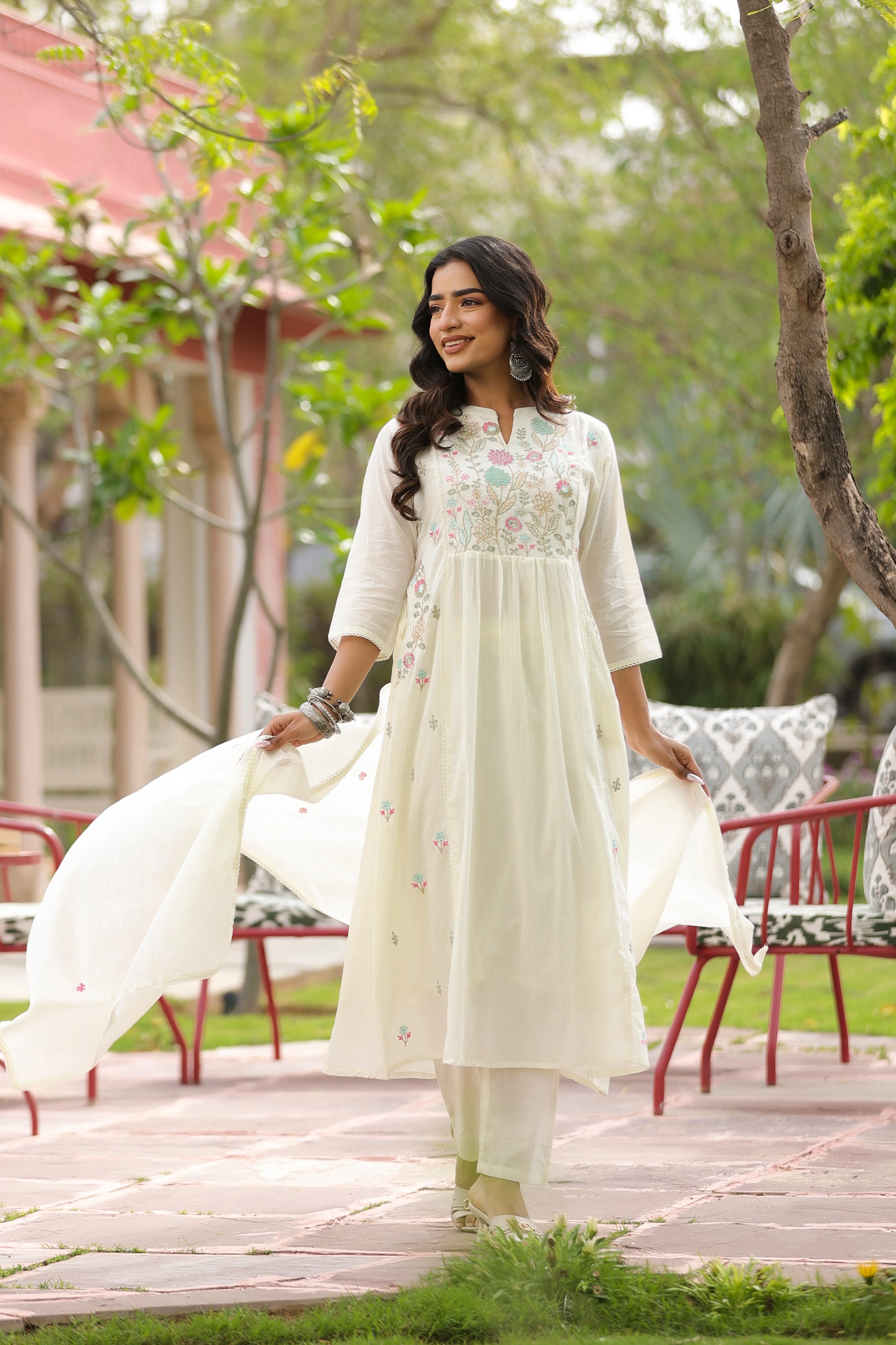 Ivory Floral Embroidered Mul Cotton Anarkali Set