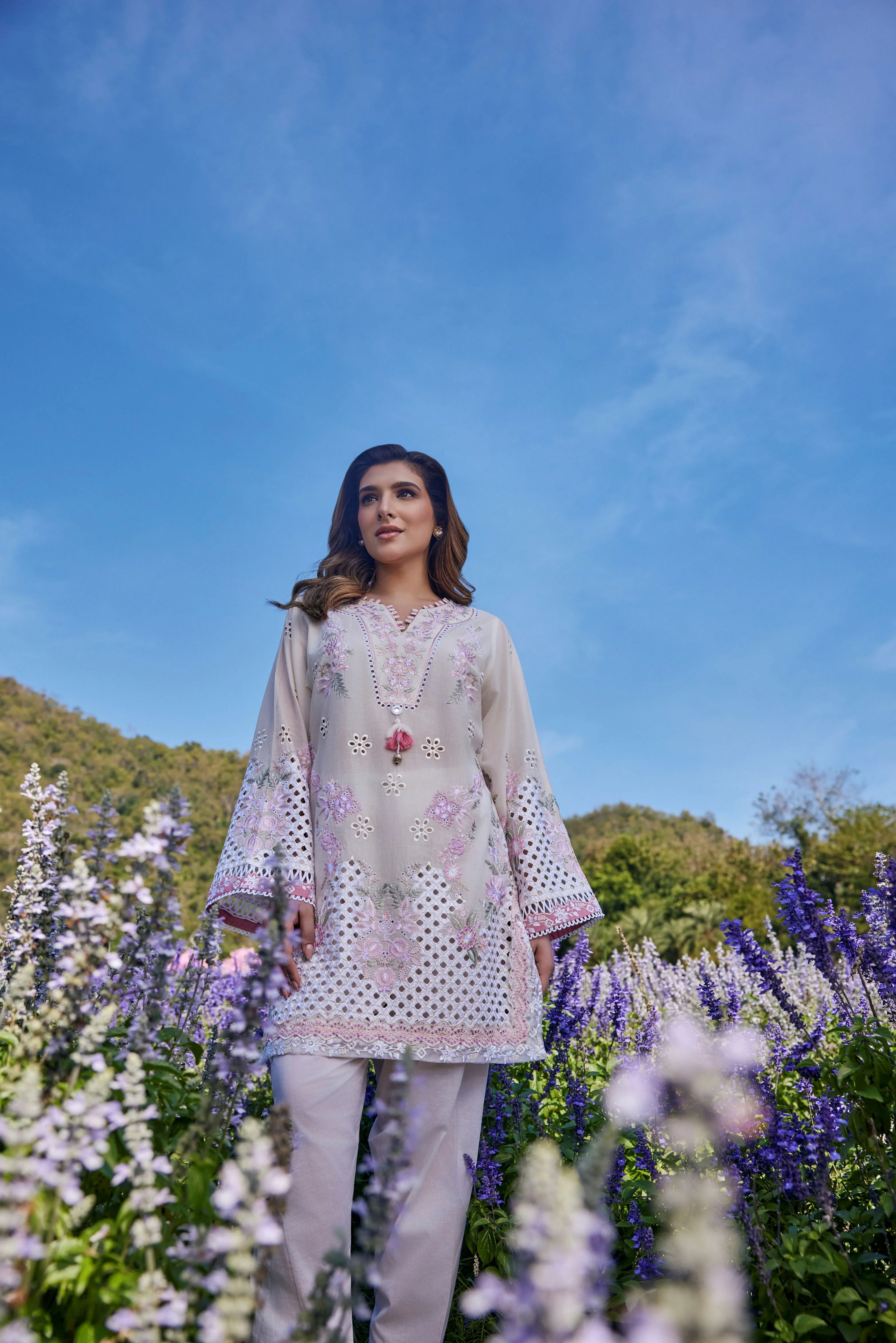 Ivory Lavender Embroidered Cotton Kurta Set - Image 3