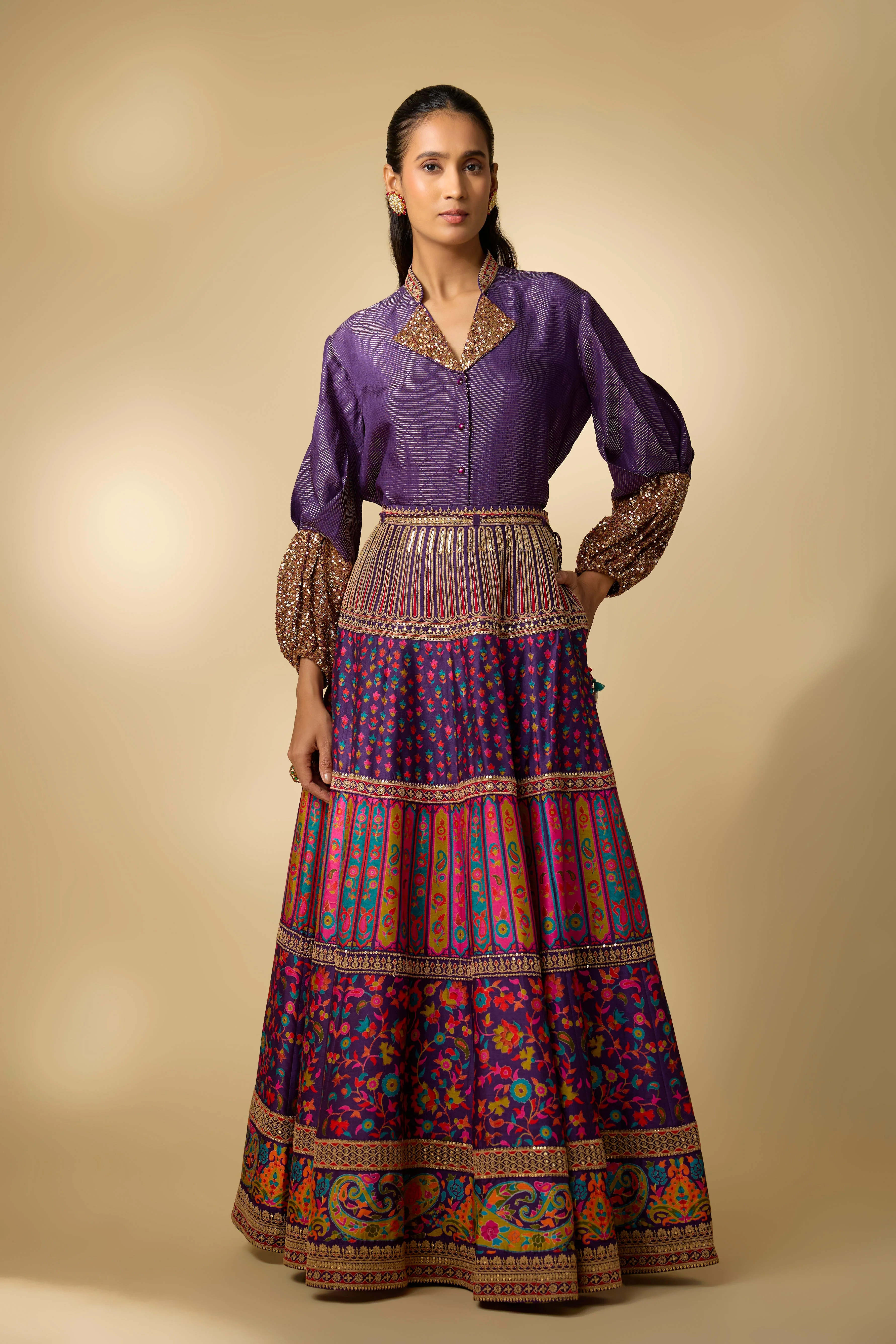 Blue Printed Slub Cotton Silk Tunic Skirt Set
