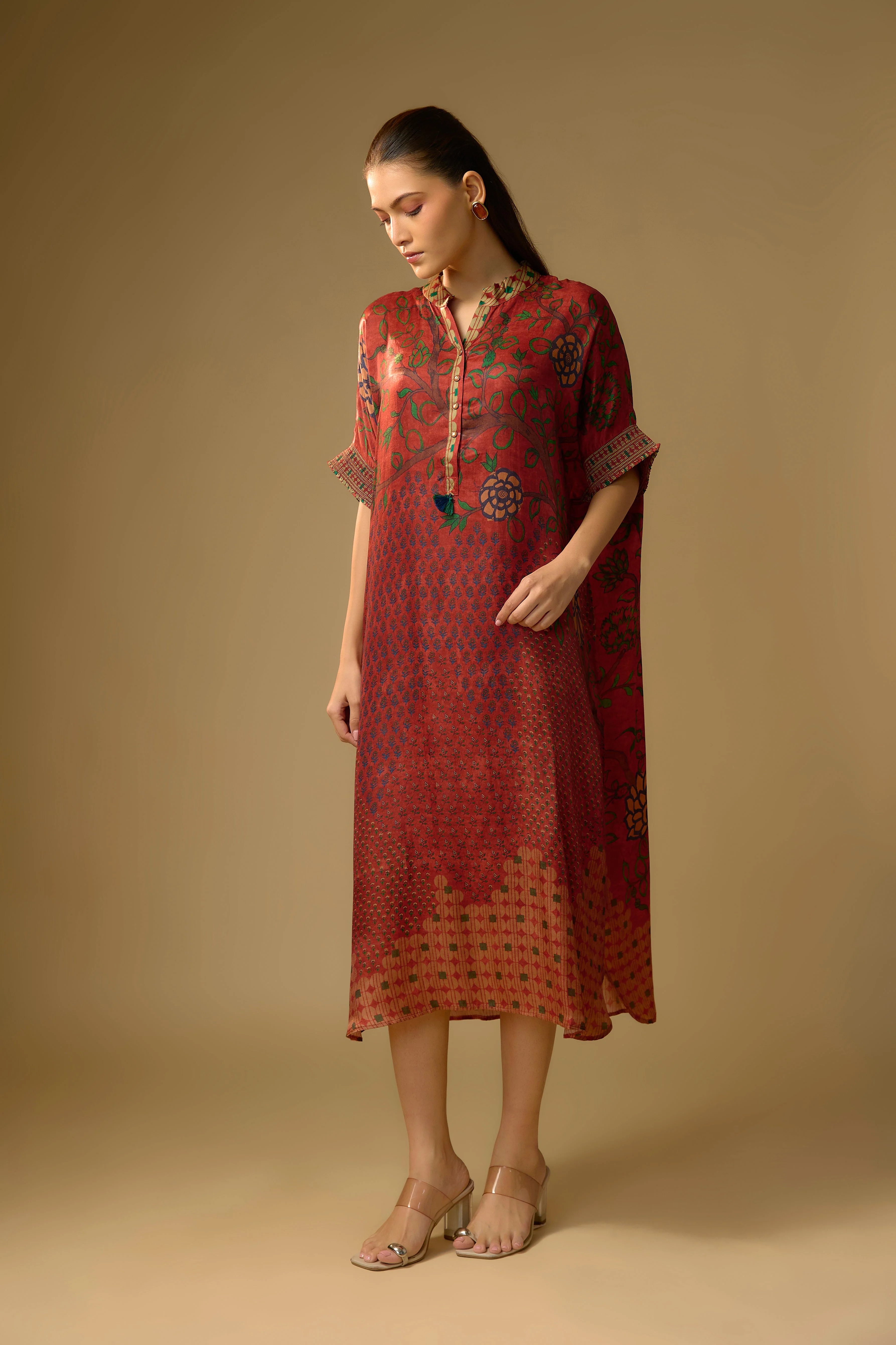 Red Printed Slub Cotton Silk Tunic Long Top