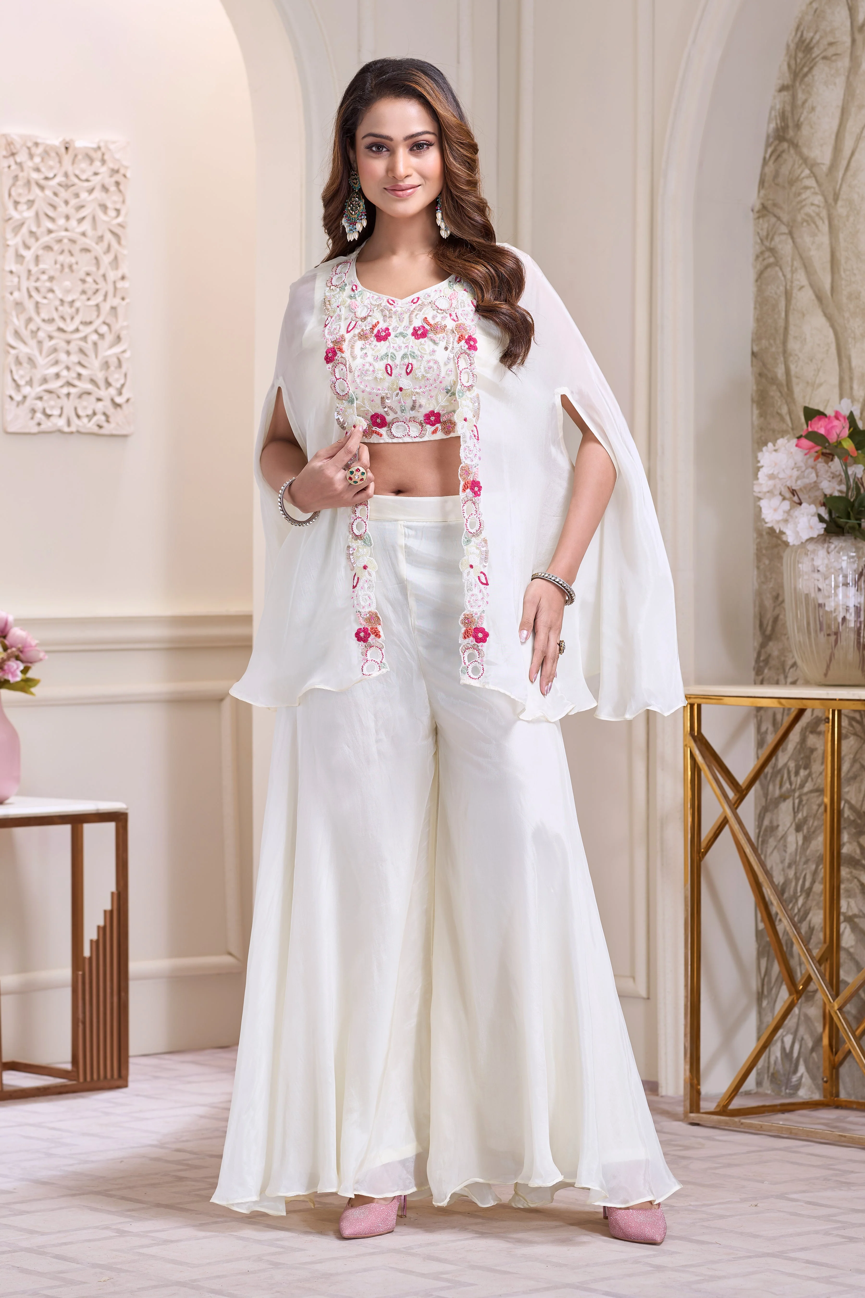Ivory White Embellished Crepe Silk Cape Set