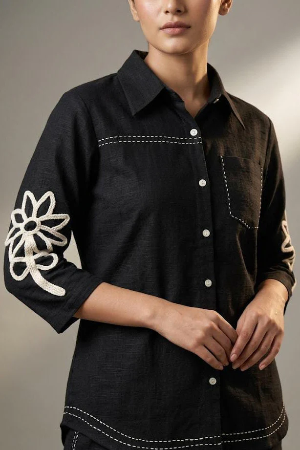 Jet Black Embroidered Cotton Linen Co-Ord Set - Image 2