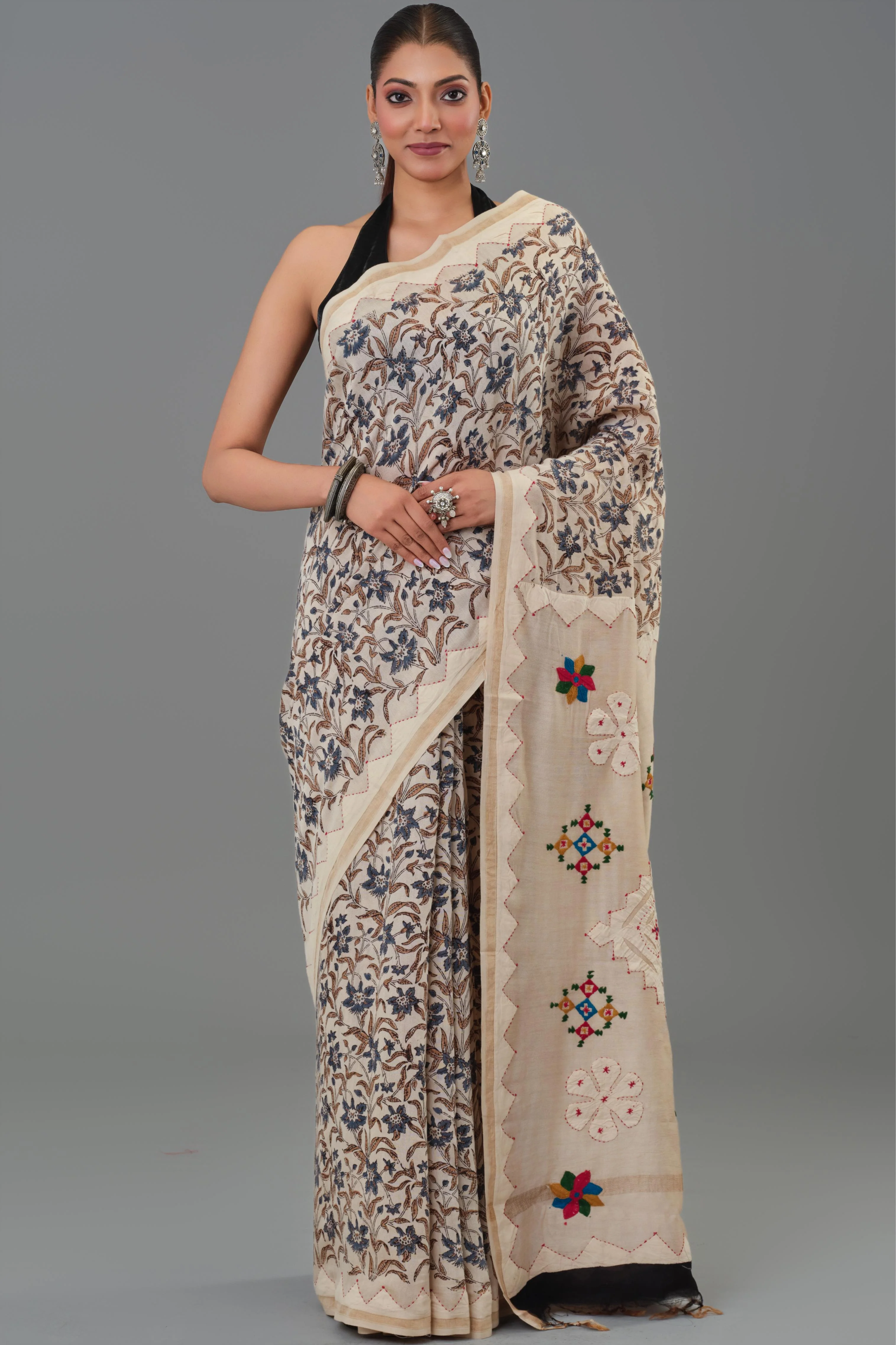 Beige Kantha Handwork Chanderi Silk Saree - Image 2