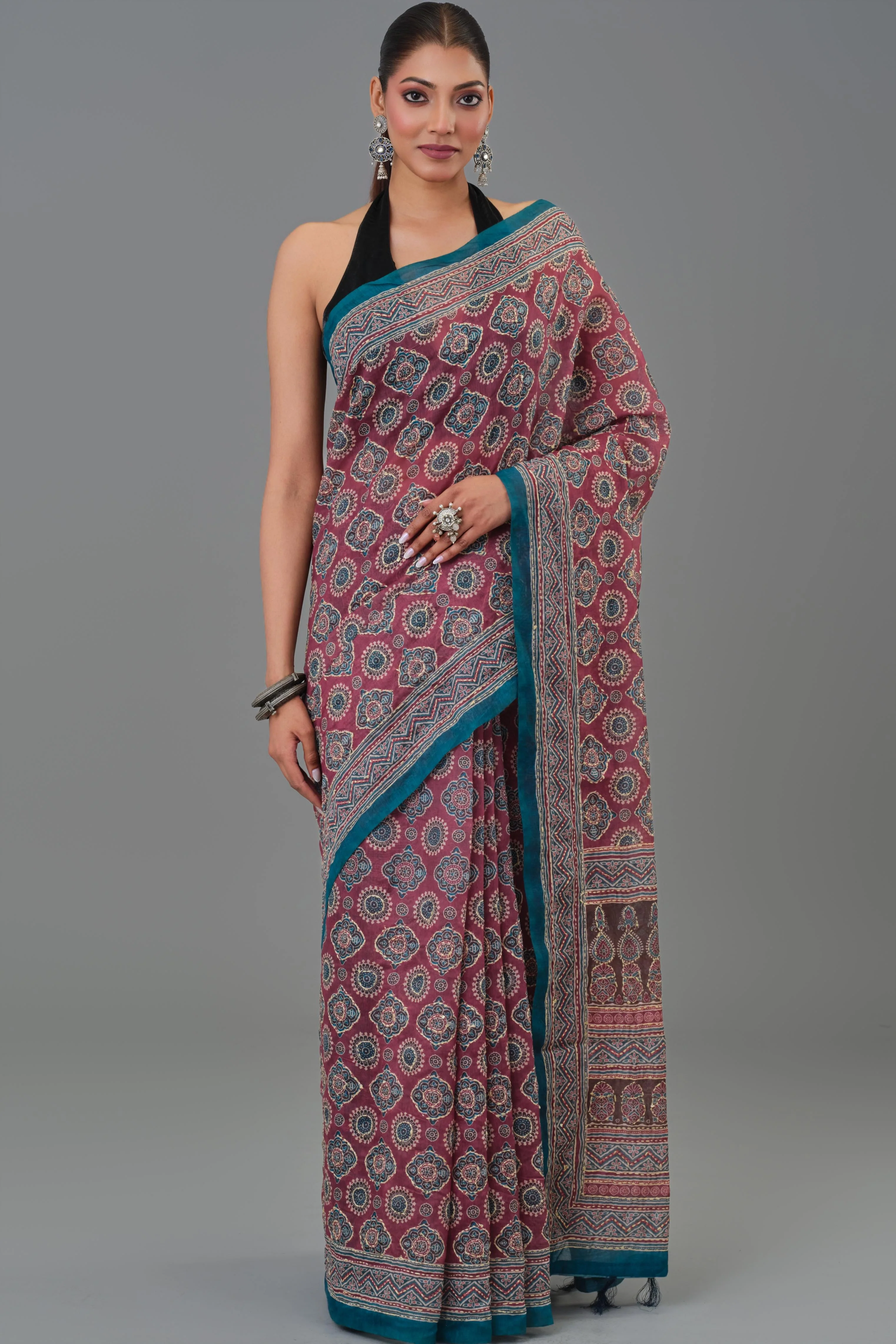 Maroon Kantha Handwork Chanderi Silk Saree