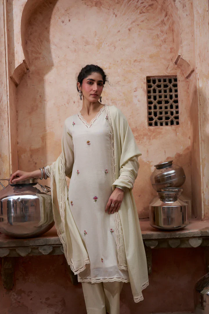 Soft Beige Embroidered Kota Doria Pant Set - Image 2