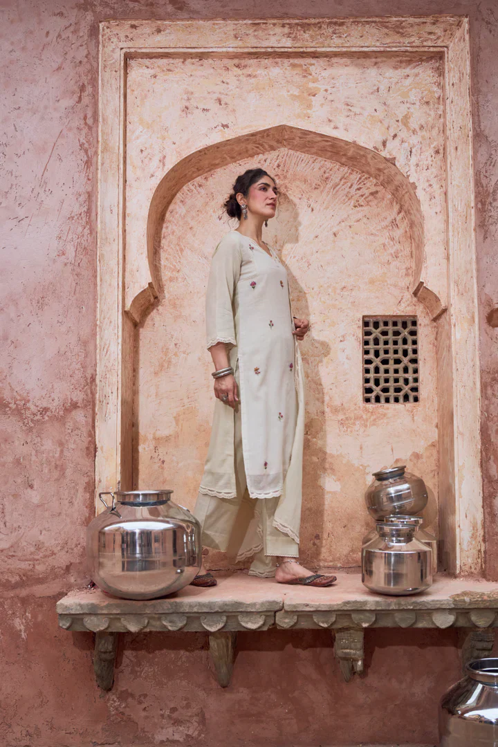Soft Beige Embroidered Kota Doria Pant Set - Image 4