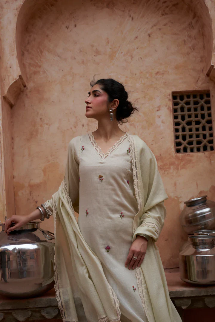 Soft Beige Embroidered Kota Doria Pant Set - Image 5