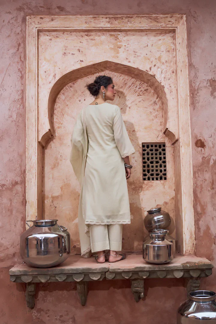 Soft Beige Embroidered Kota Doria Pant Set - Image 6