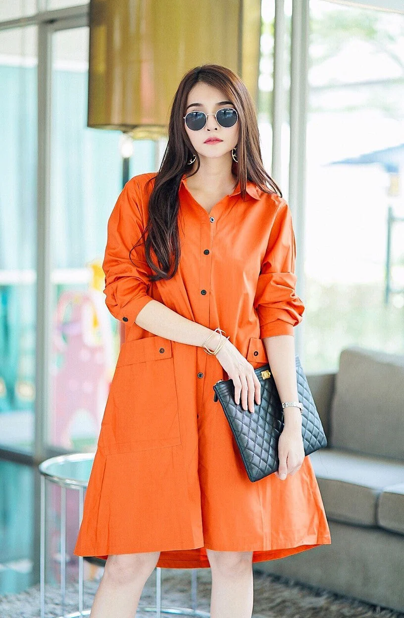 Orange Lace-Up Back Cotton Shirt Dress - Image 2