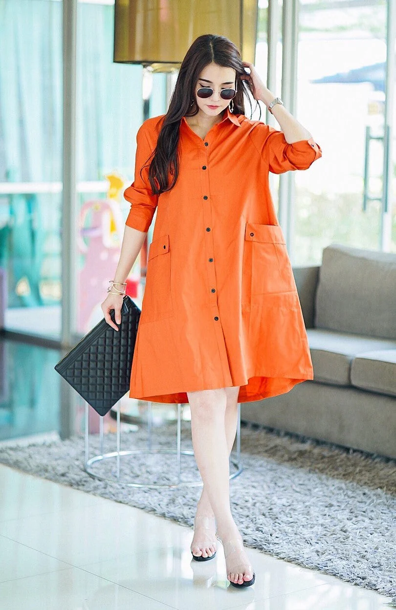 Orange Lace-Up Back Cotton Shirt Dress - Image 3