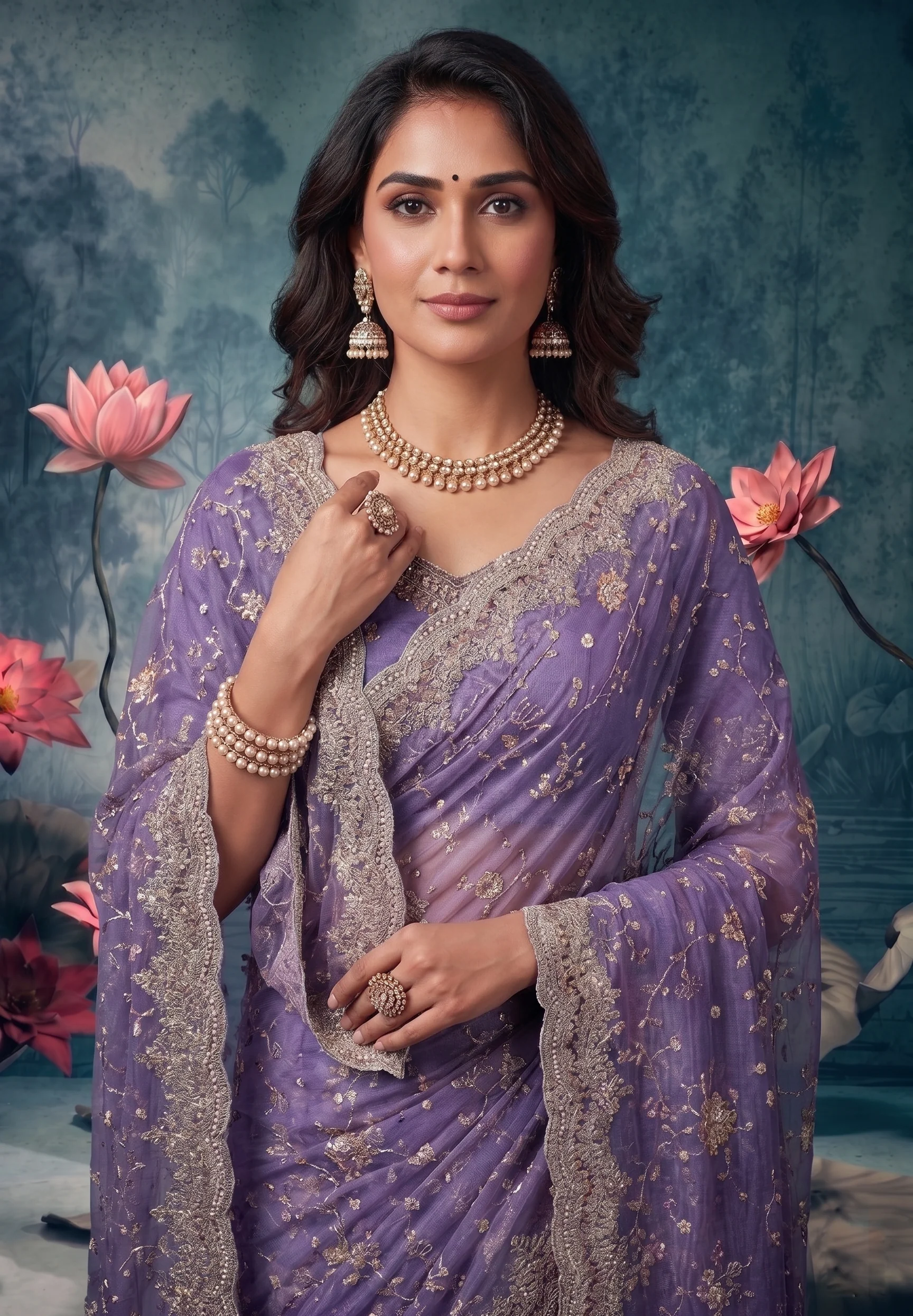 Lavish Lavender Embellished Premium Net Saree - Image 2