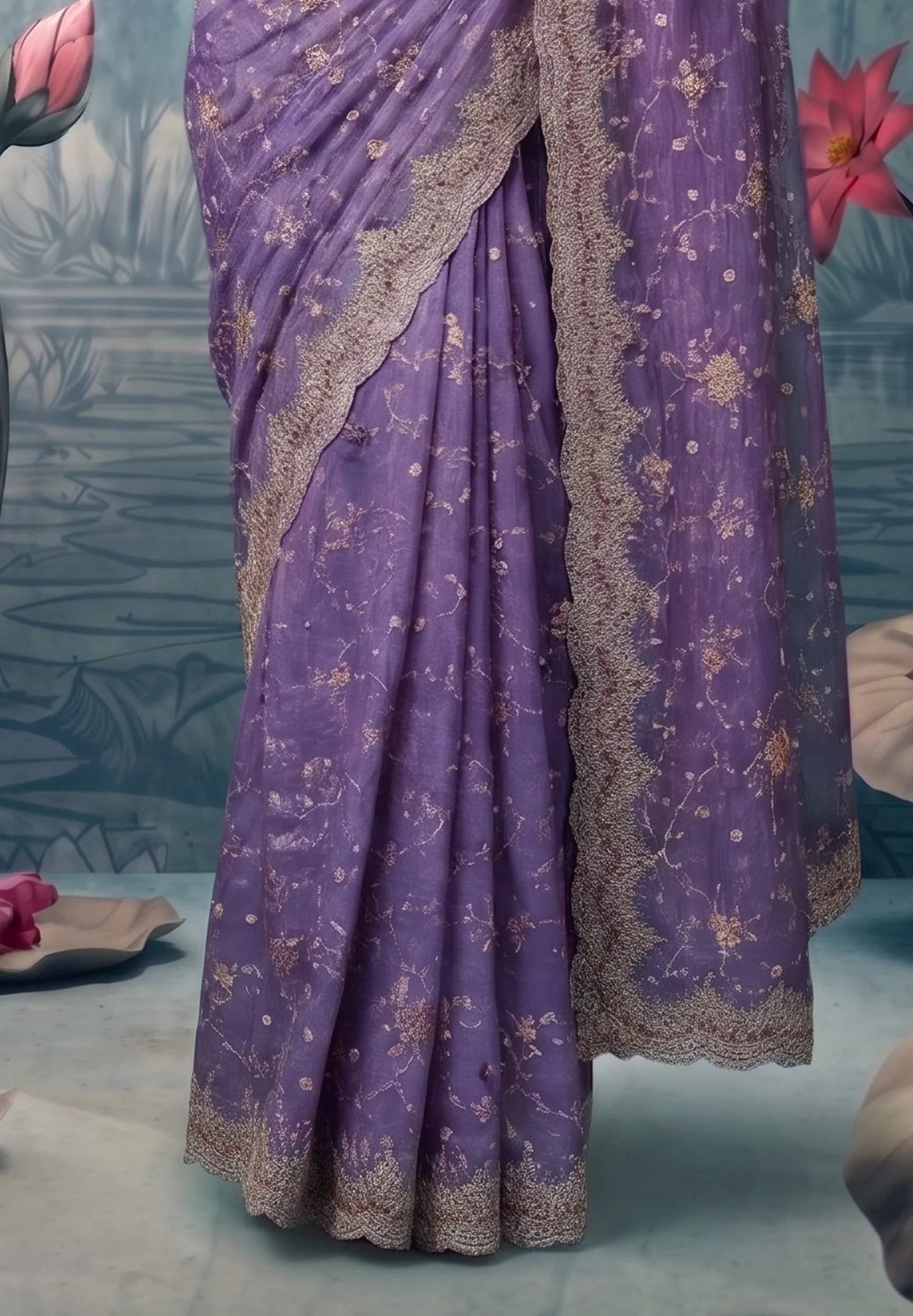 Lavish Lavender Embellished Premium Net Saree - Image 4