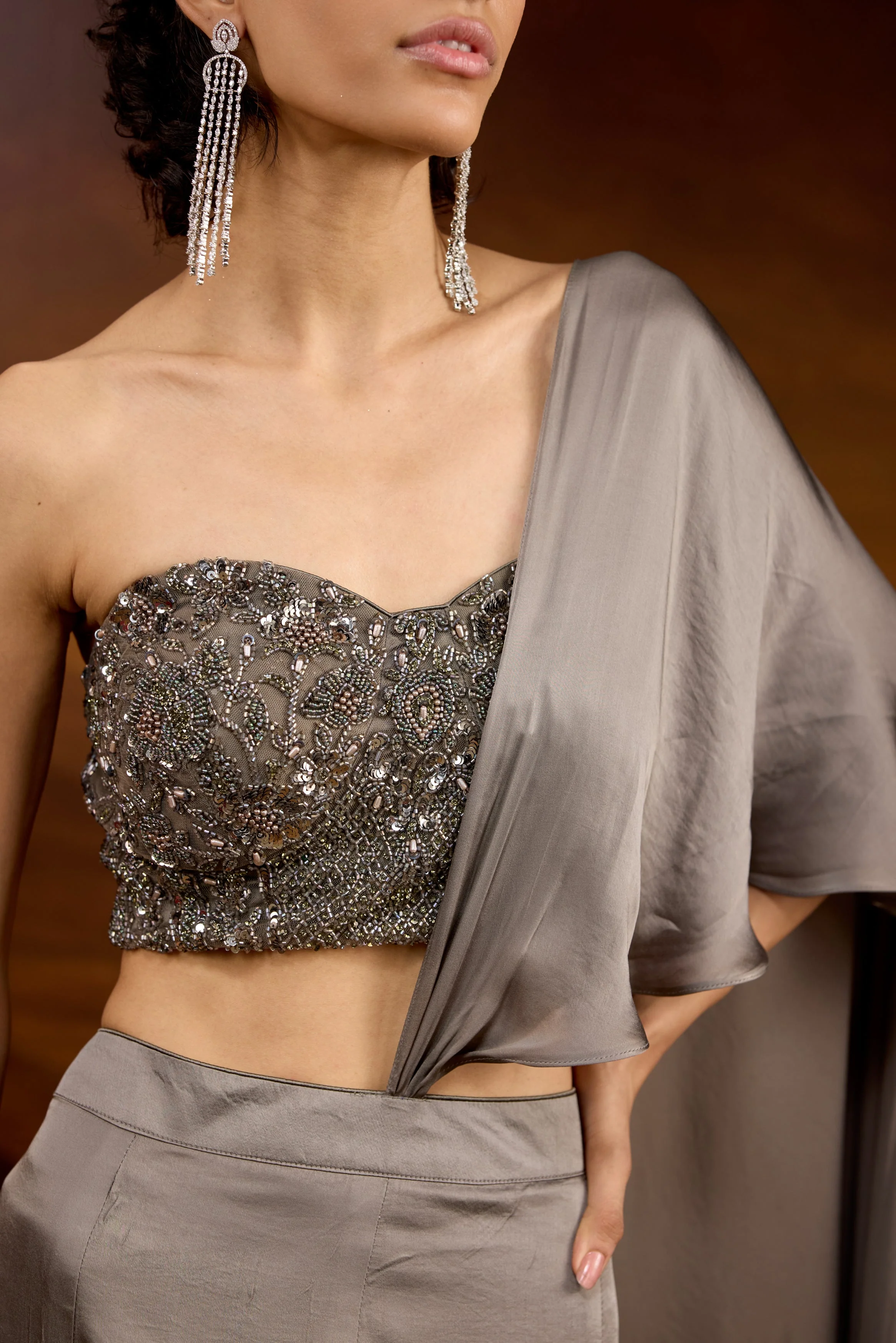 Slate Grey Embellished Satin Silk Skirt Set - Image 2