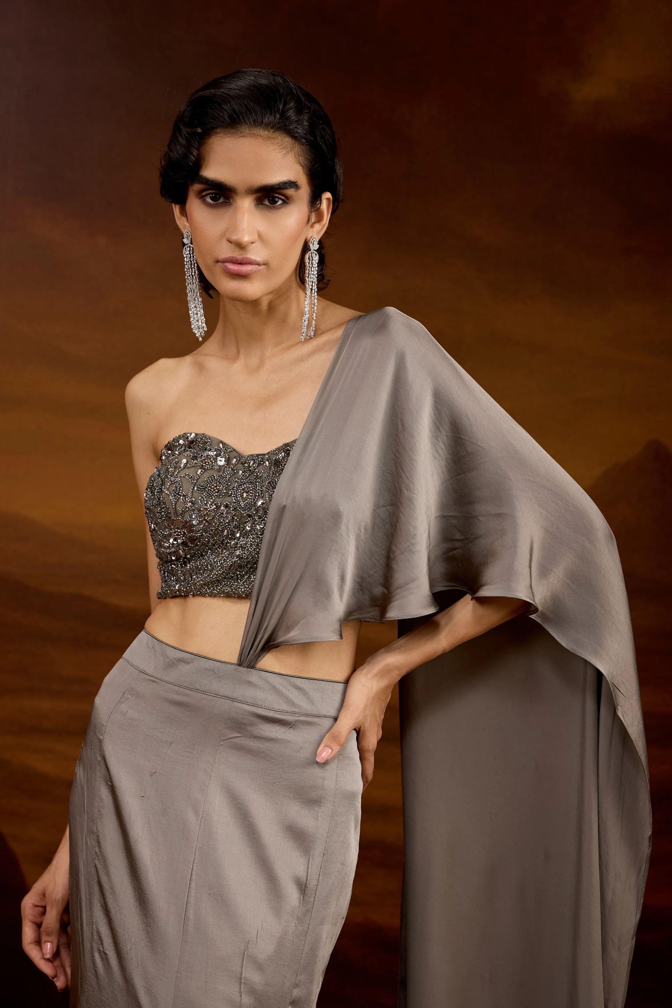 Slate Grey Embellished Satin Silk Skirt Set - Image 4