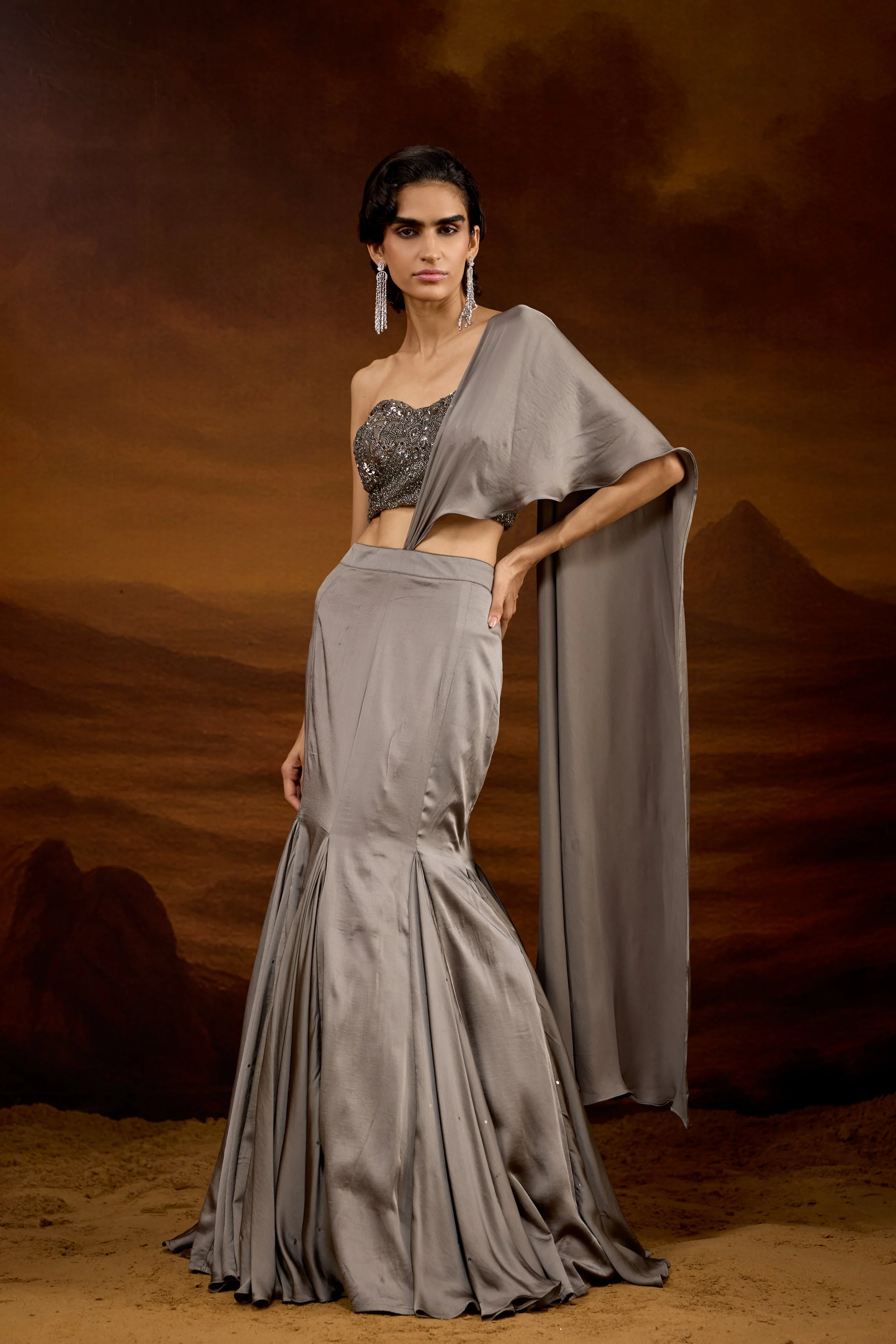 Slate Grey Embellished Satin Silk Skirt Set - Image 5