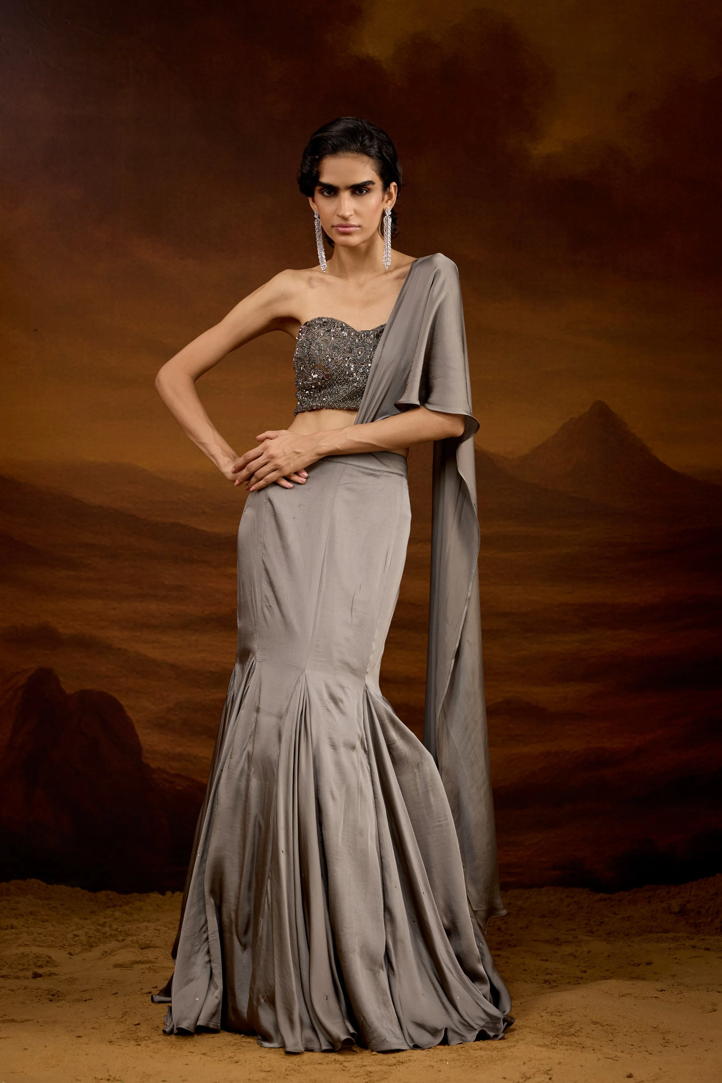 Slate Grey Embellished Satin Silk Skirt Set - Image 6