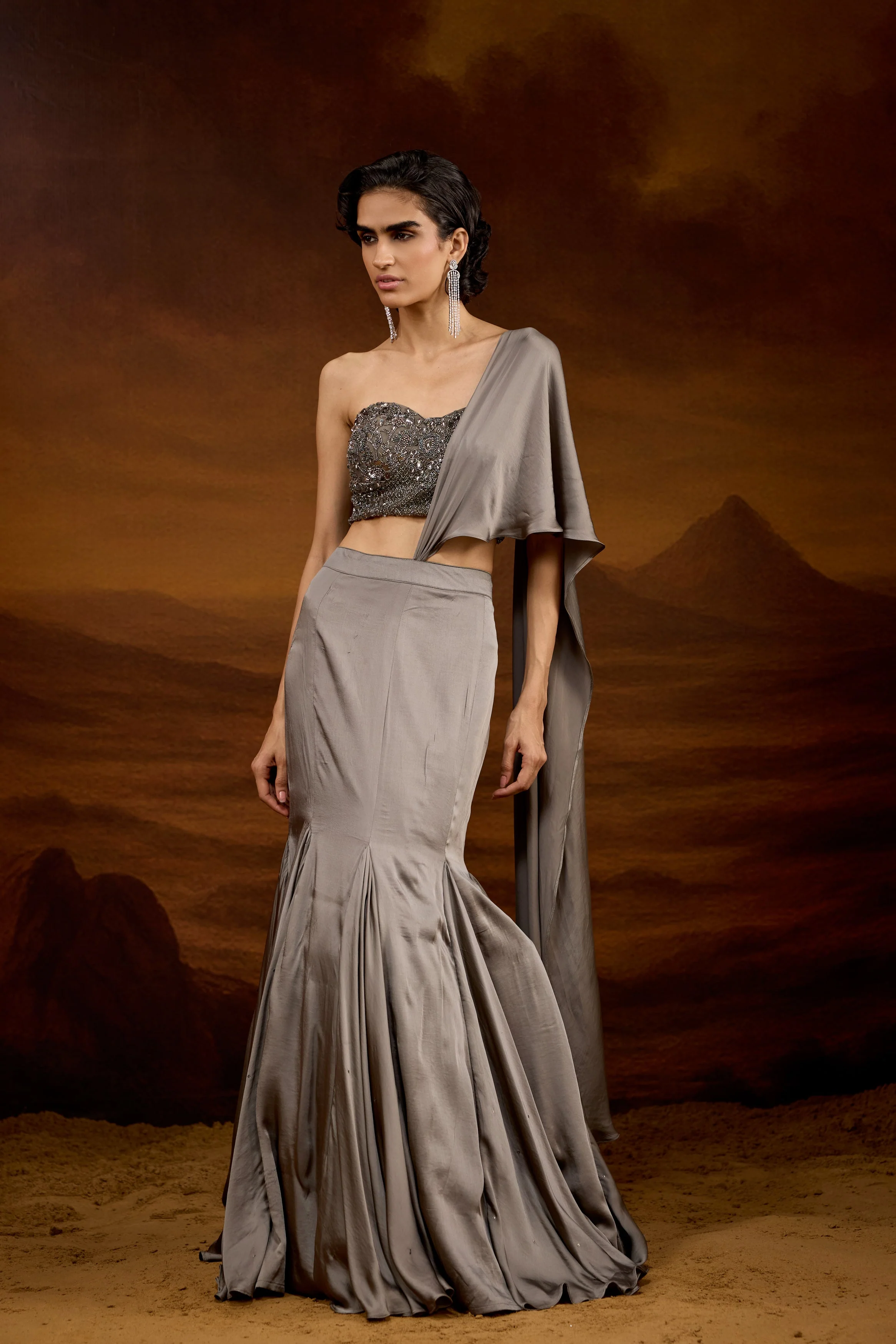 Slate Grey Embellished Satin Silk Skirt Set - Image 7