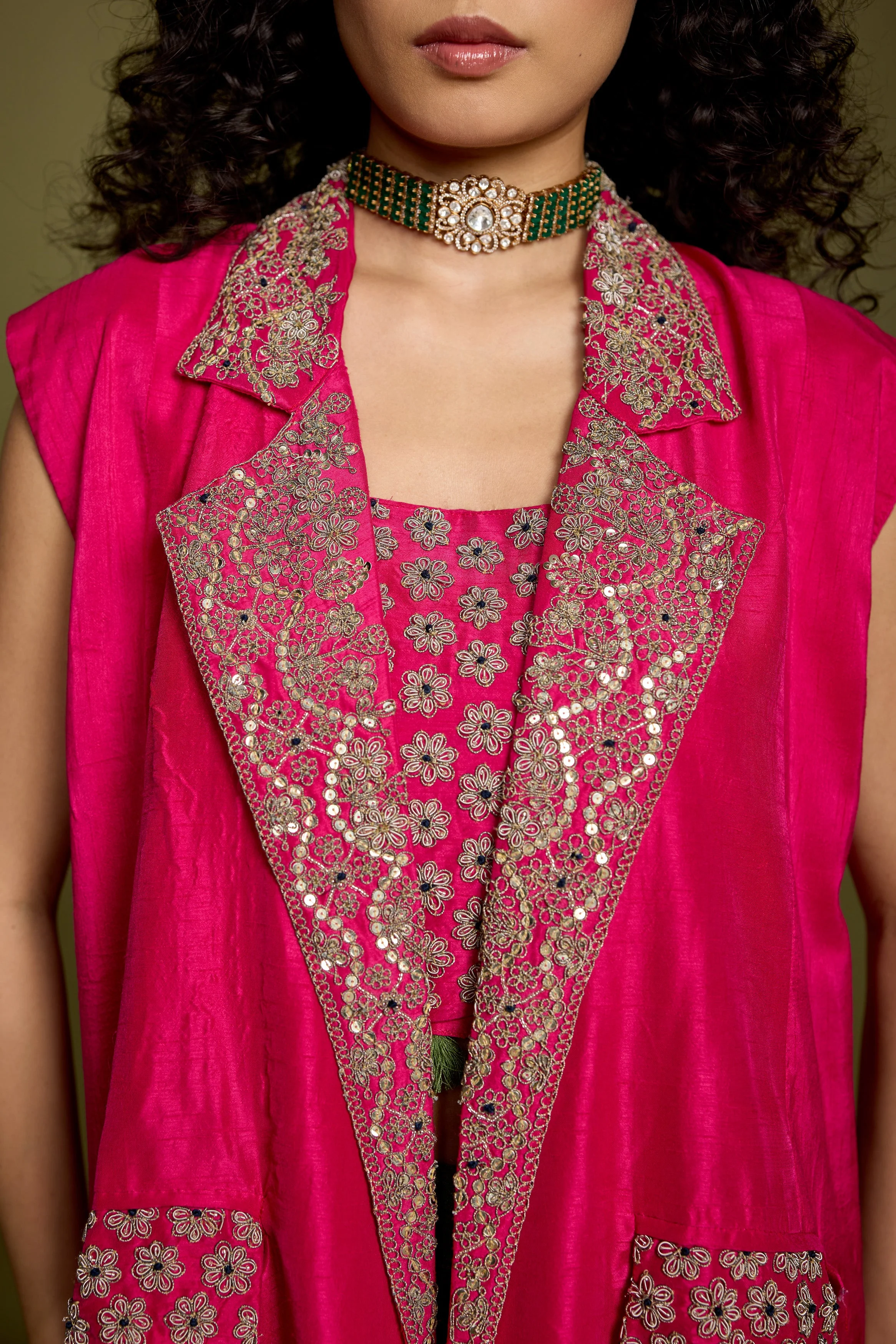 Bold Pink Embellished Raw Silk Drape Skirt With Jacket - Image 2